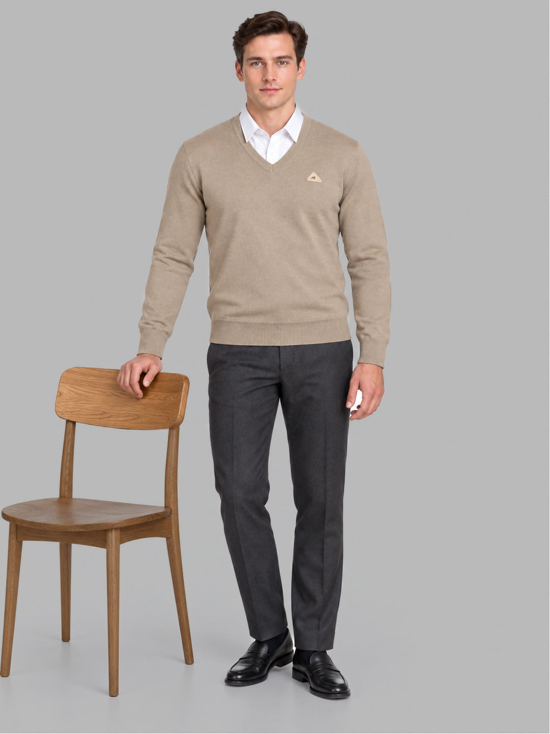 Men Beige Solid V Neck Full Sleeve Pullover