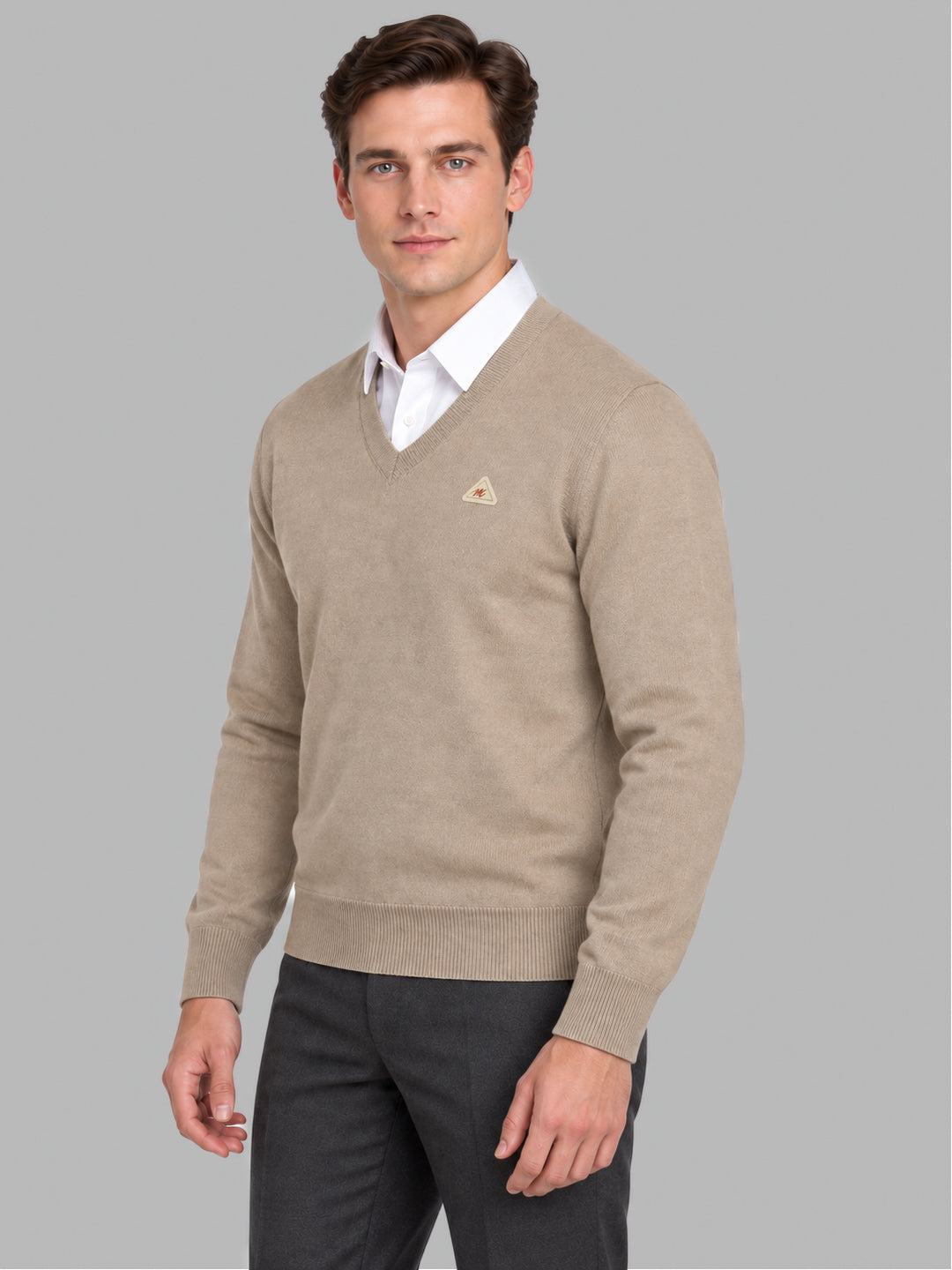 Men Beige Solid V Neck Full Sleeve Pullover