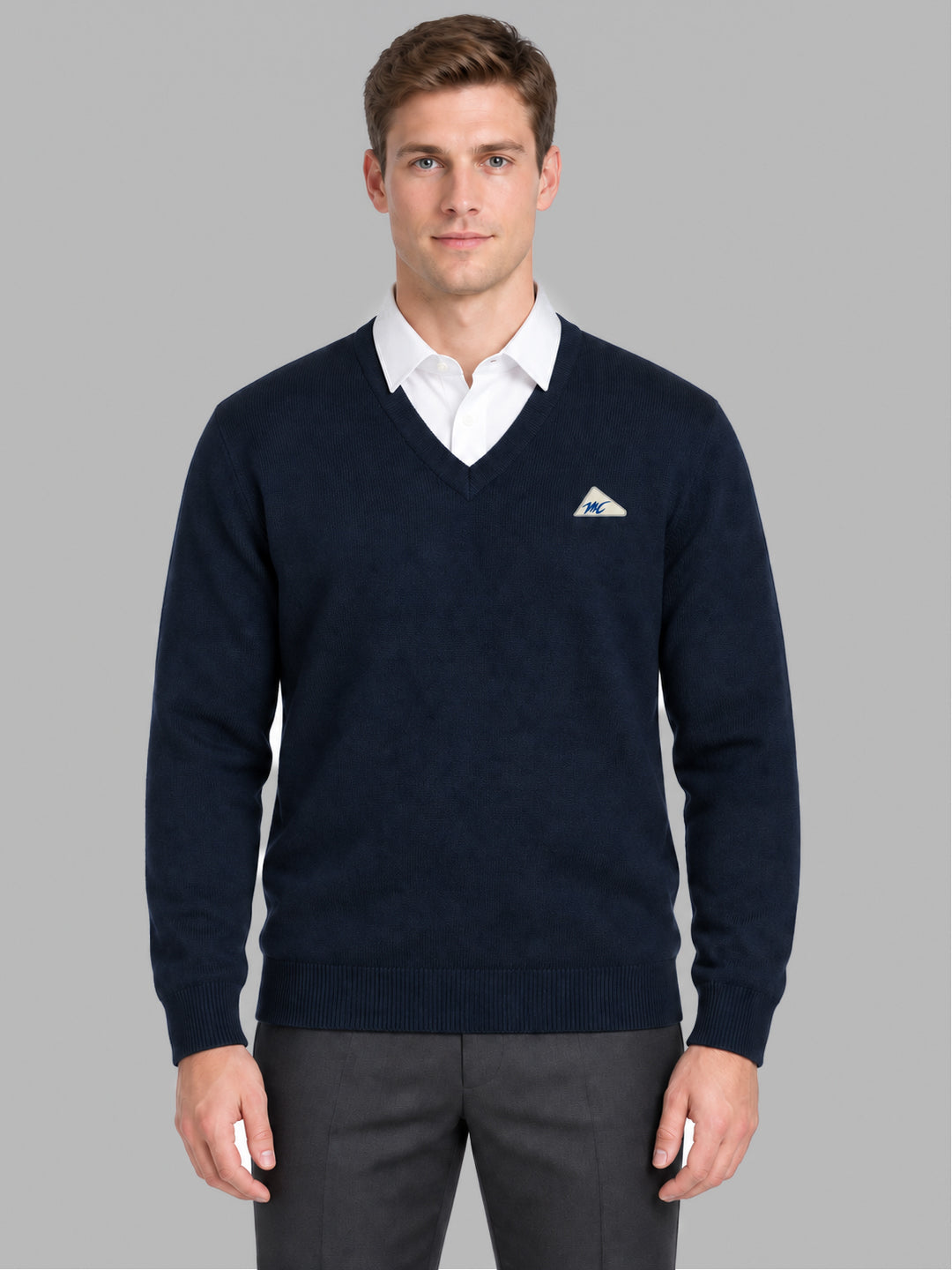 Men Navy Blue Solid V Neck Full Sleeve Pullover