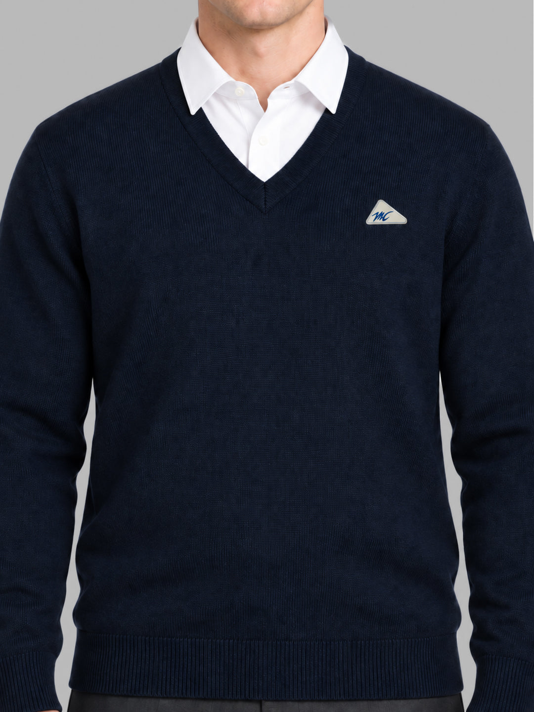 Men Navy Blue Solid V Neck Full Sleeve Pullover
