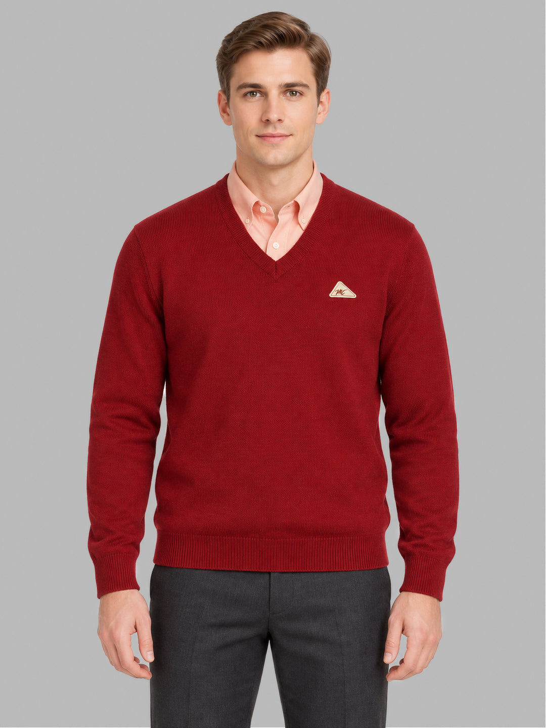 Men Maroon Solid V Neck Full Sleeve Pullover