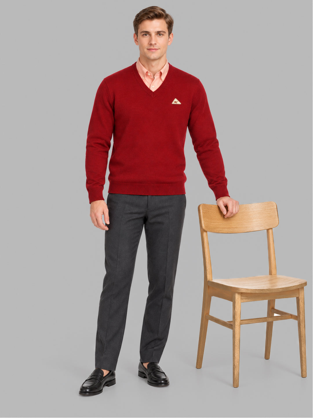 Men Maroon Solid V Neck Full Sleeve Pullover