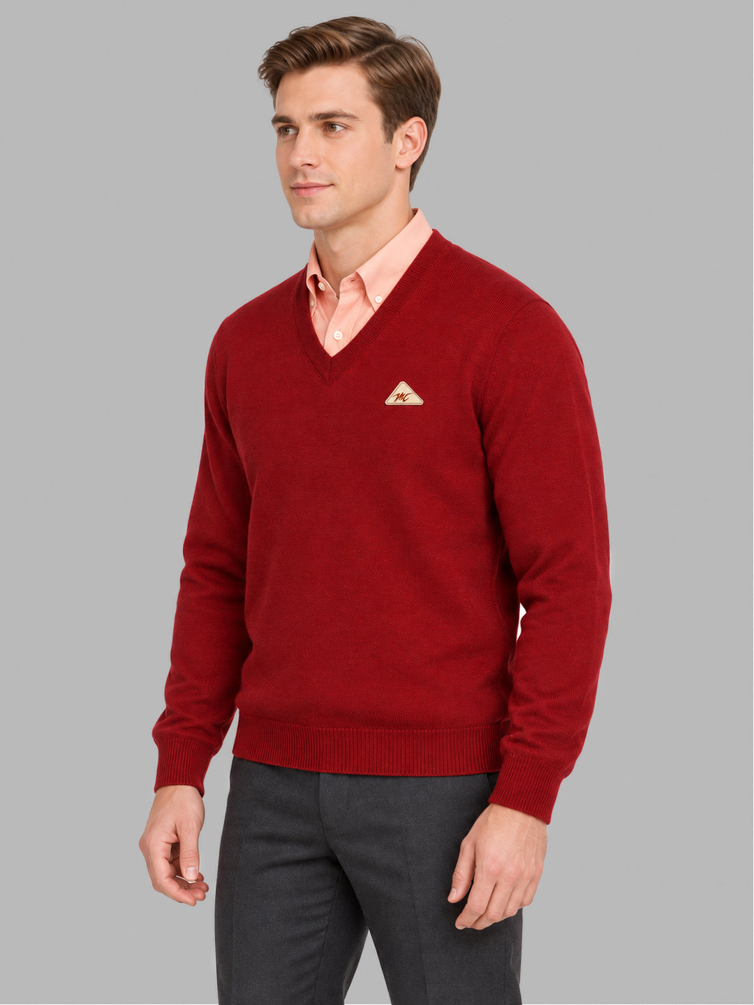 Men Maroon Solid V Neck Full Sleeve Pullover