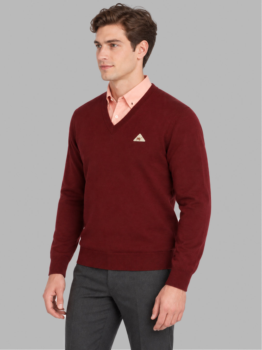 Men Maroon Solid V Neck Full Sleeve Pullover