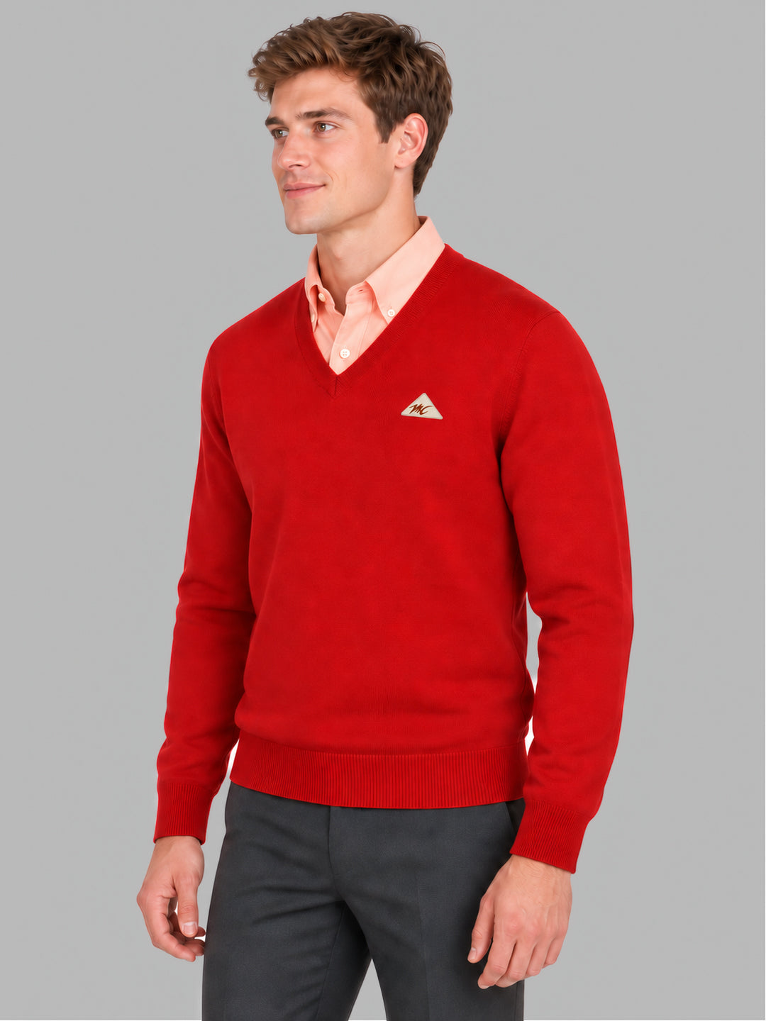 Men Red Solid V Neck Full Sleeve Pullover