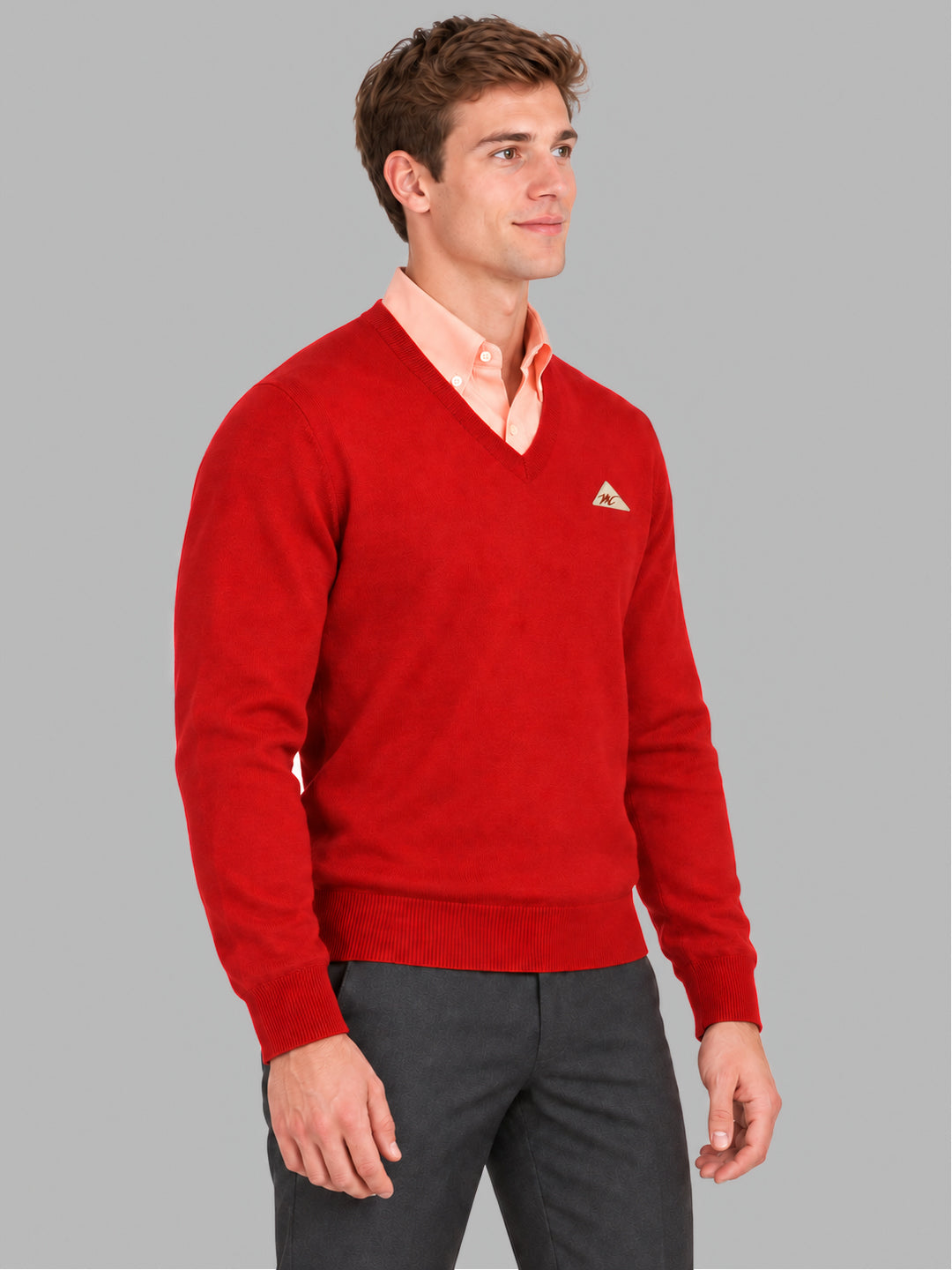 Men Red Solid V Neck Full Sleeve Pullover