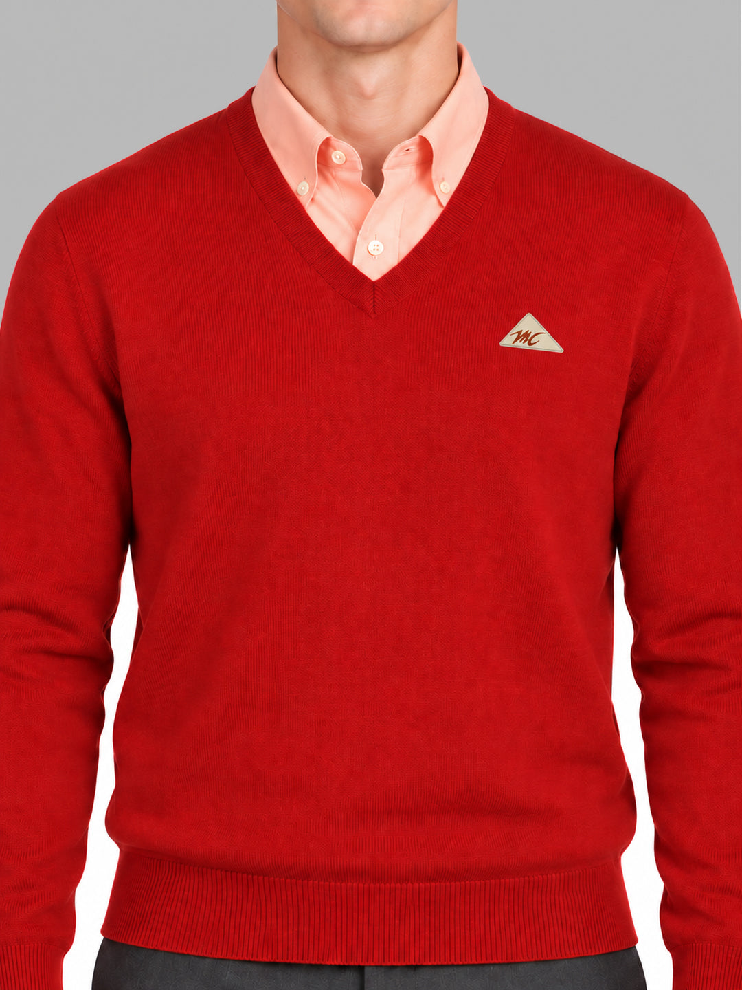 Men Red Solid V Neck Full Sleeve Pullover