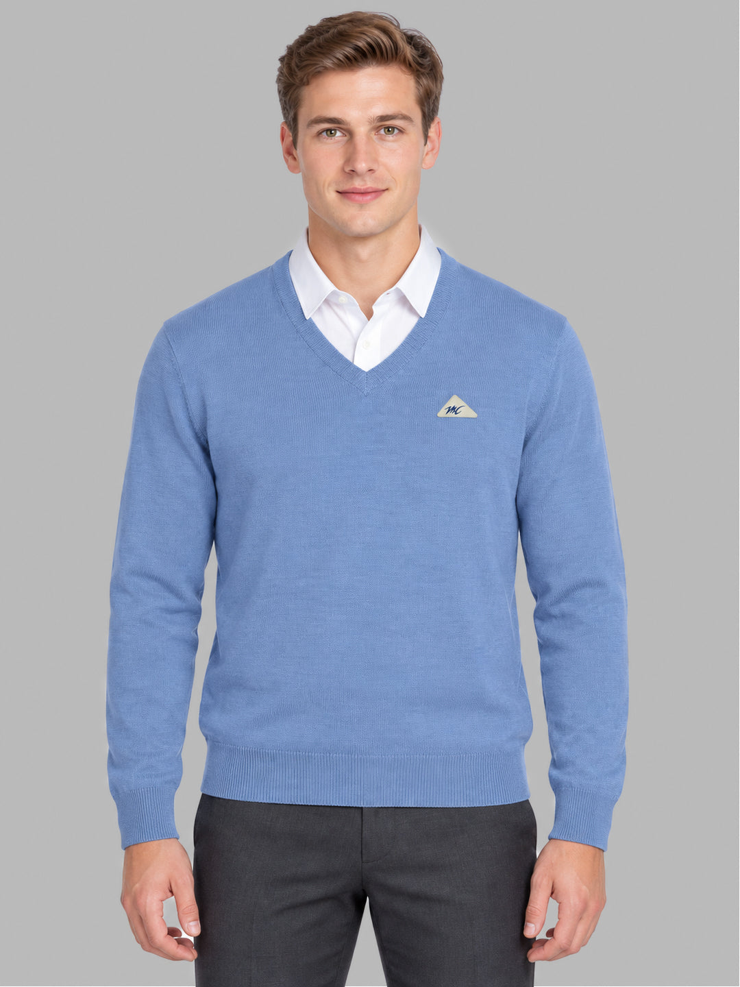 Men Blue Solid V Neck Full Sleeve Pullover