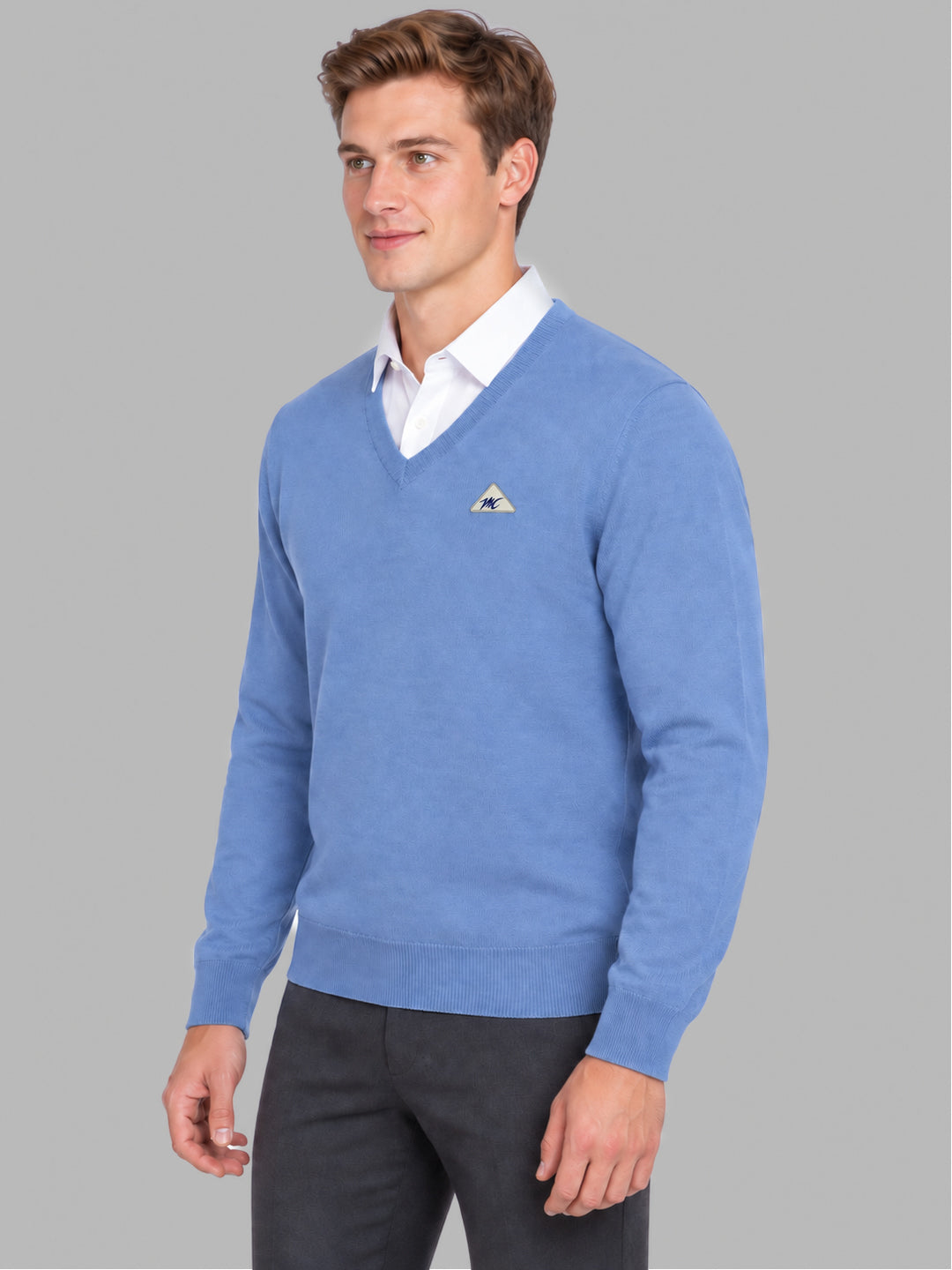Men Blue Solid V Neck Full Sleeve Pullover