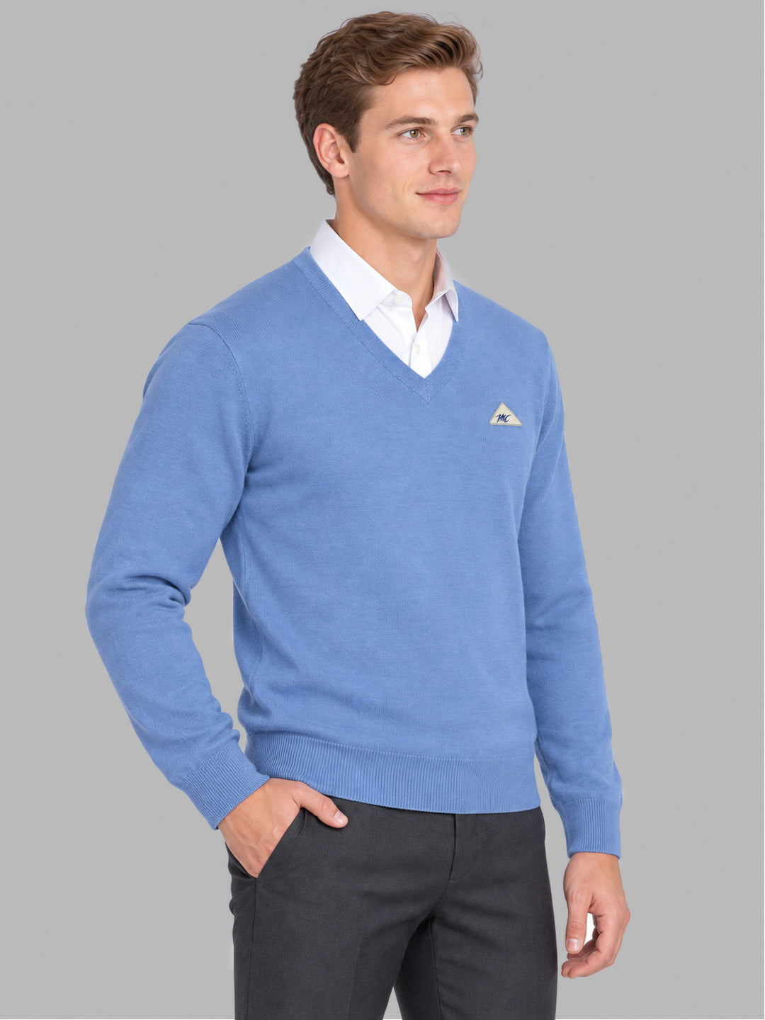 Men Blue Solid V Neck Full Sleeve Pullover