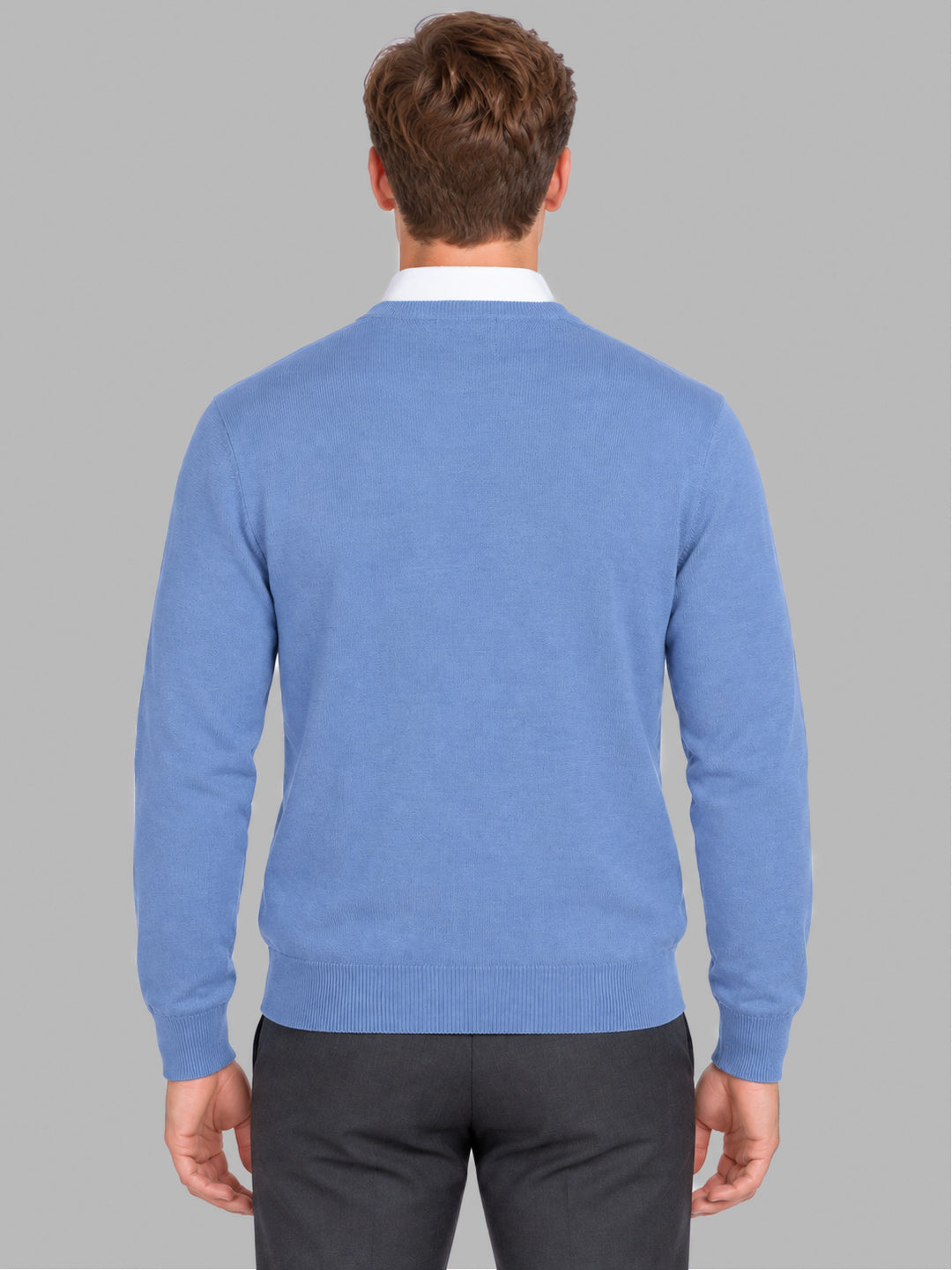 Men Blue Solid V Neck Full Sleeve Pullover