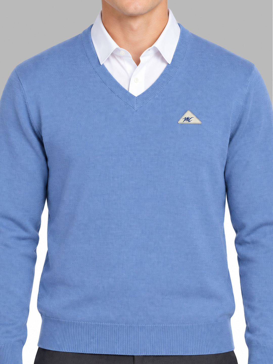 Men Blue Solid V Neck Full Sleeve Pullover