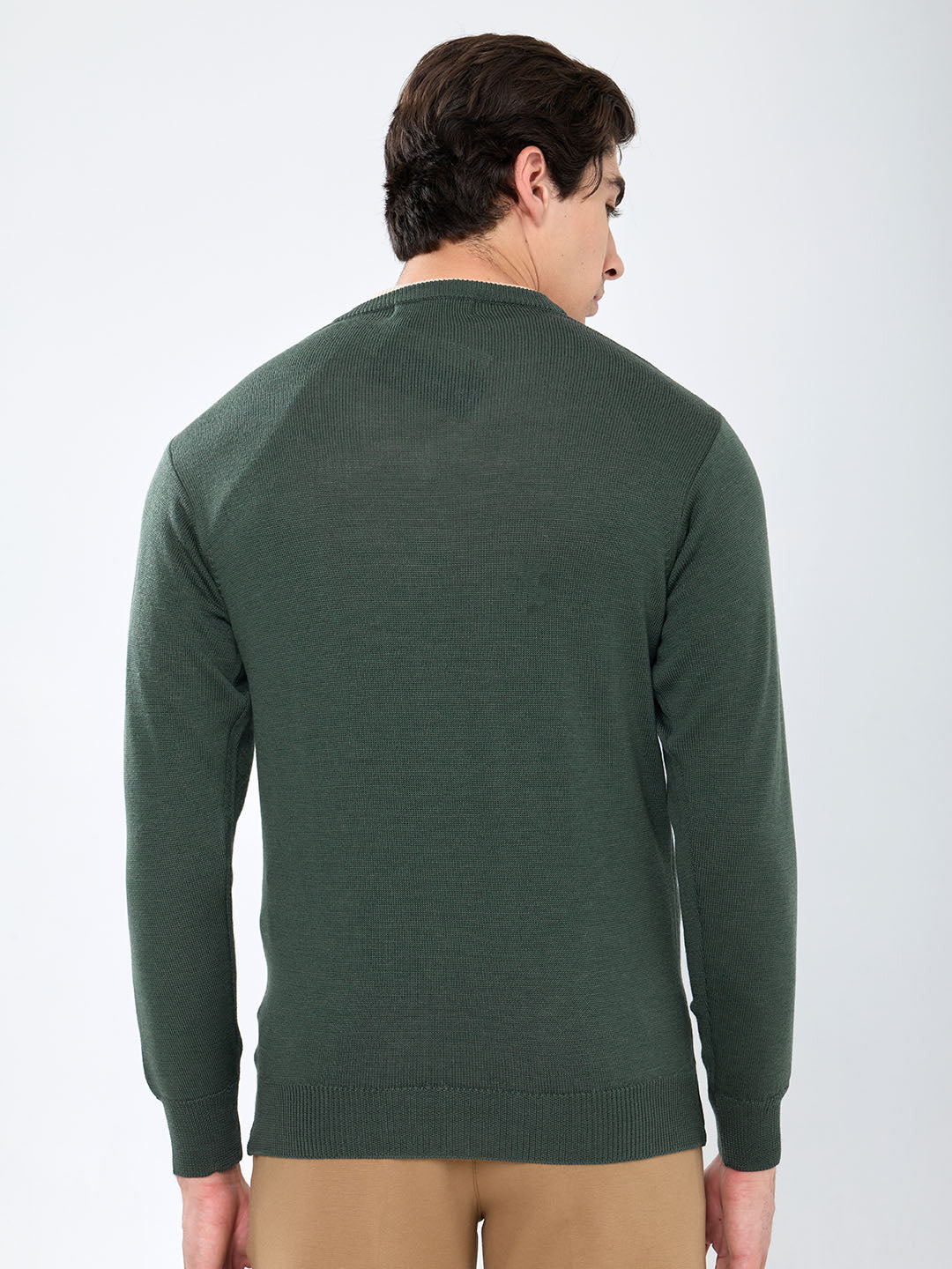 Men Olive Solid V Neck Full Sleeve Pullover