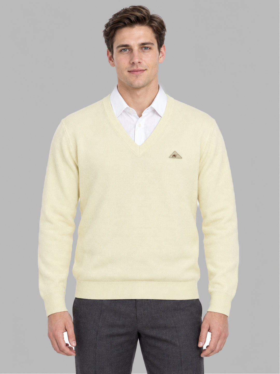 Men Cream Solid V Neck Full Sleeve Pullover