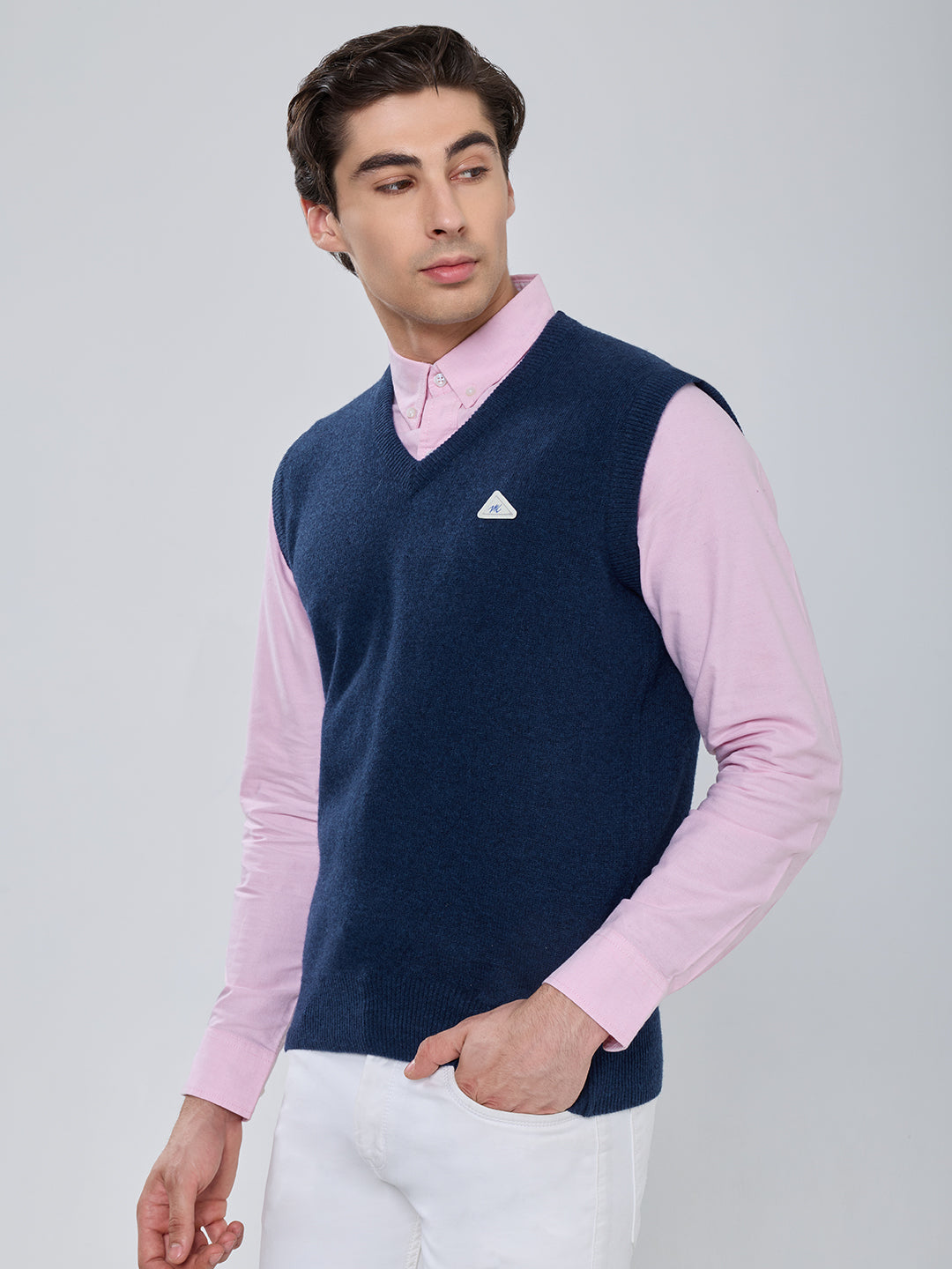 Men Blue Solid V Neck Sleeveless Sweater