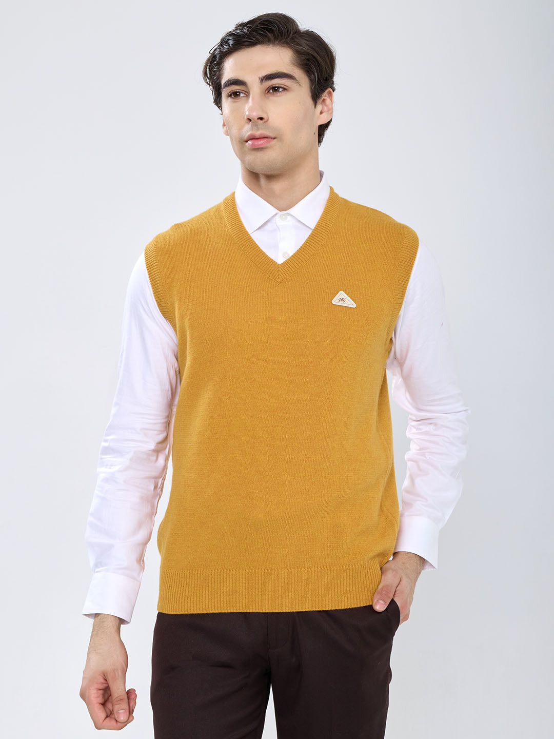 Men Mustard Solid V Neck Sleeveless Sweater