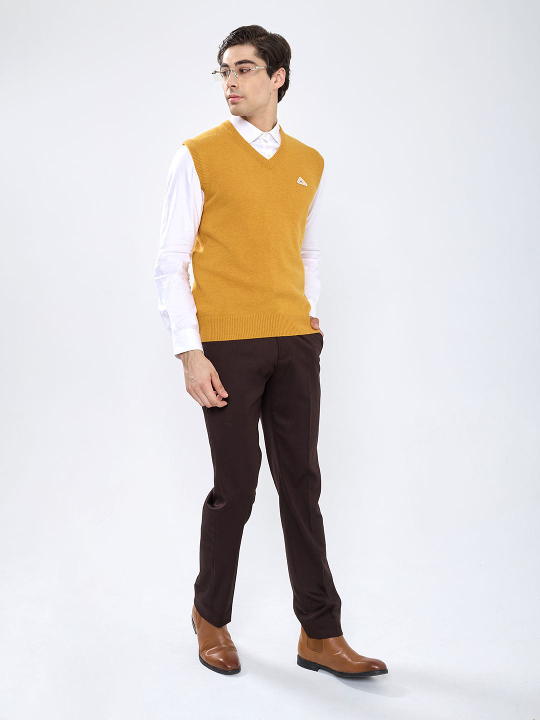 Men Mustard Solid V Neck Sleeveless Sweater