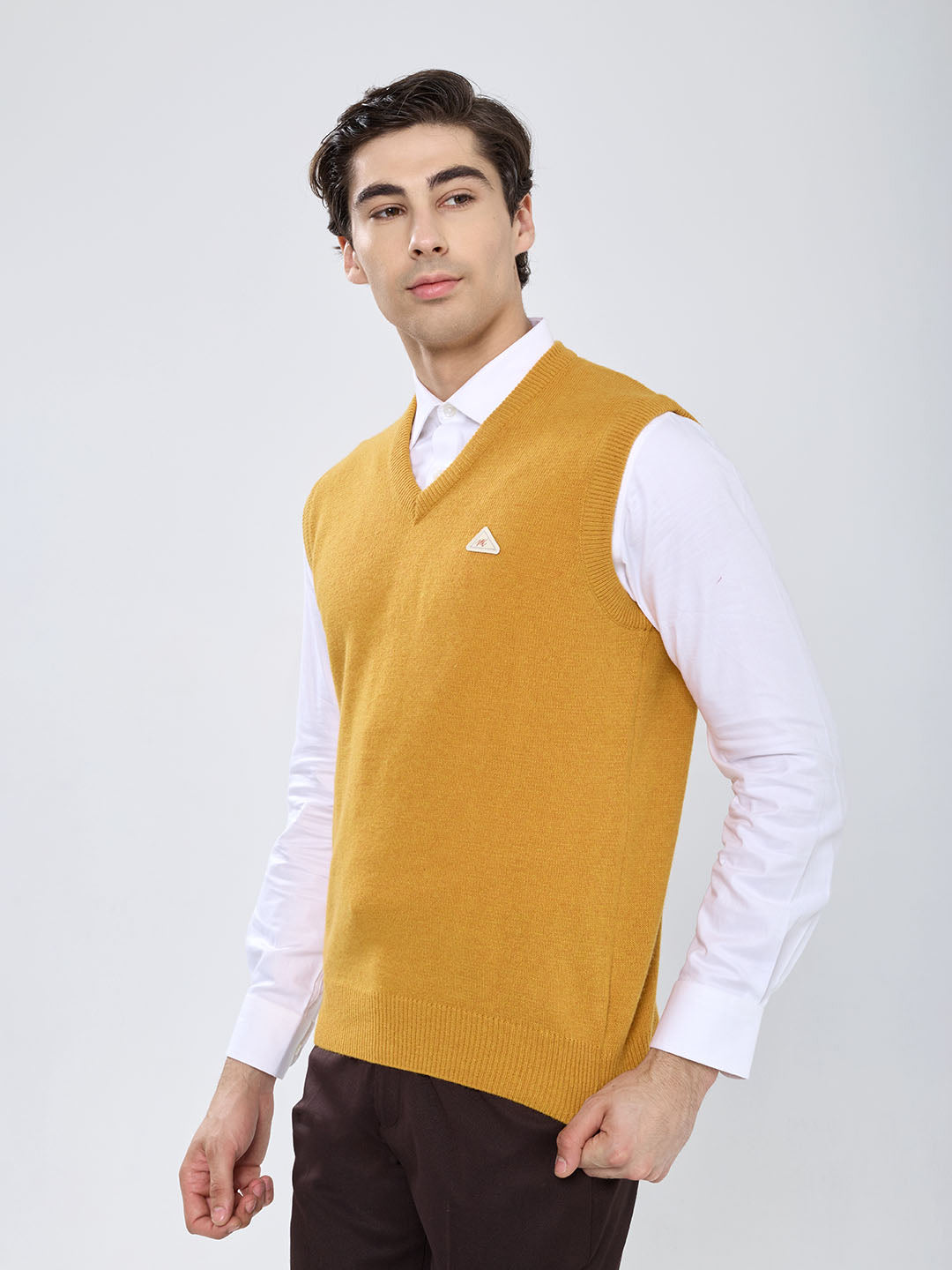 Men Mustard Solid V Neck Sleeveless Sweater
