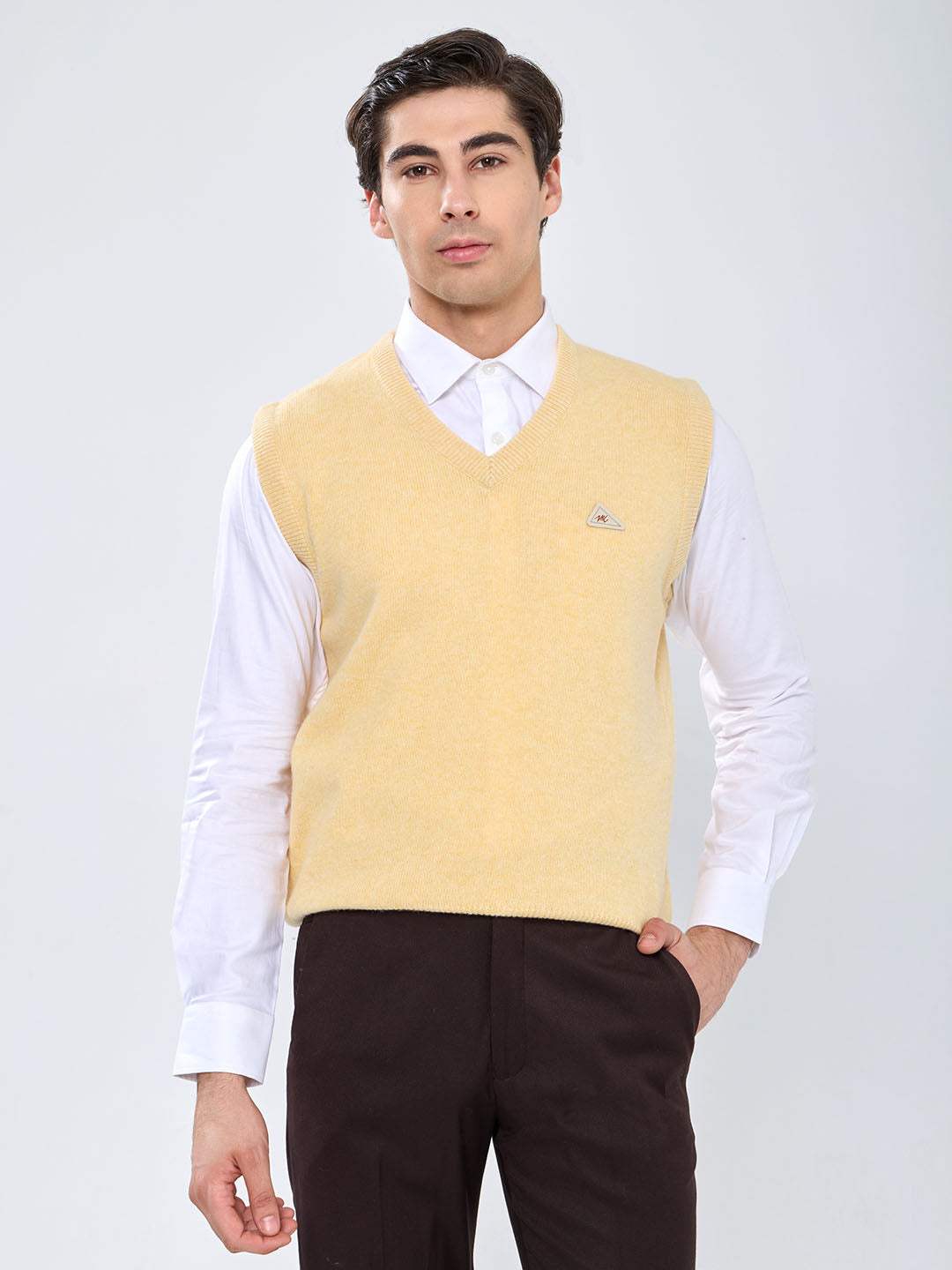 Men Yellow Solid V Neck Sleeveless Sweater