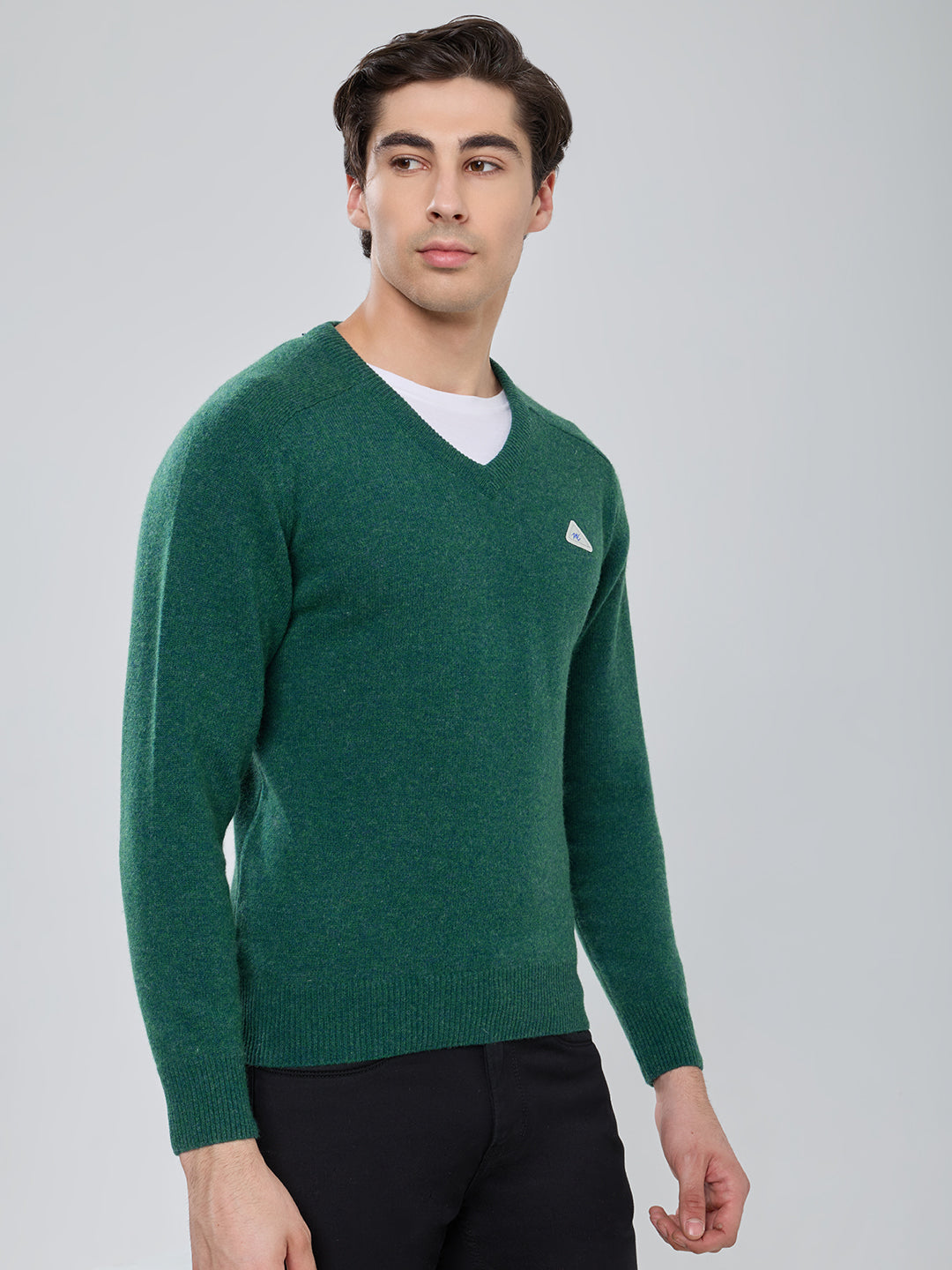 Men Green Solid V Neck Full Sleeve Pullover