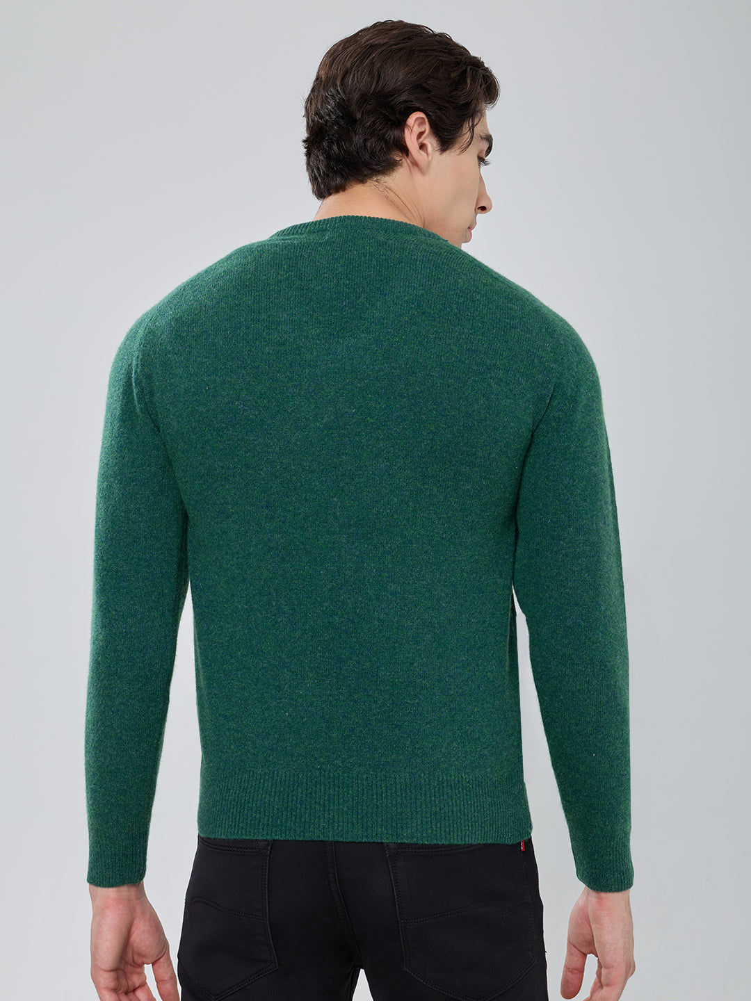 Men Green Solid V Neck Full Sleeve Pullover