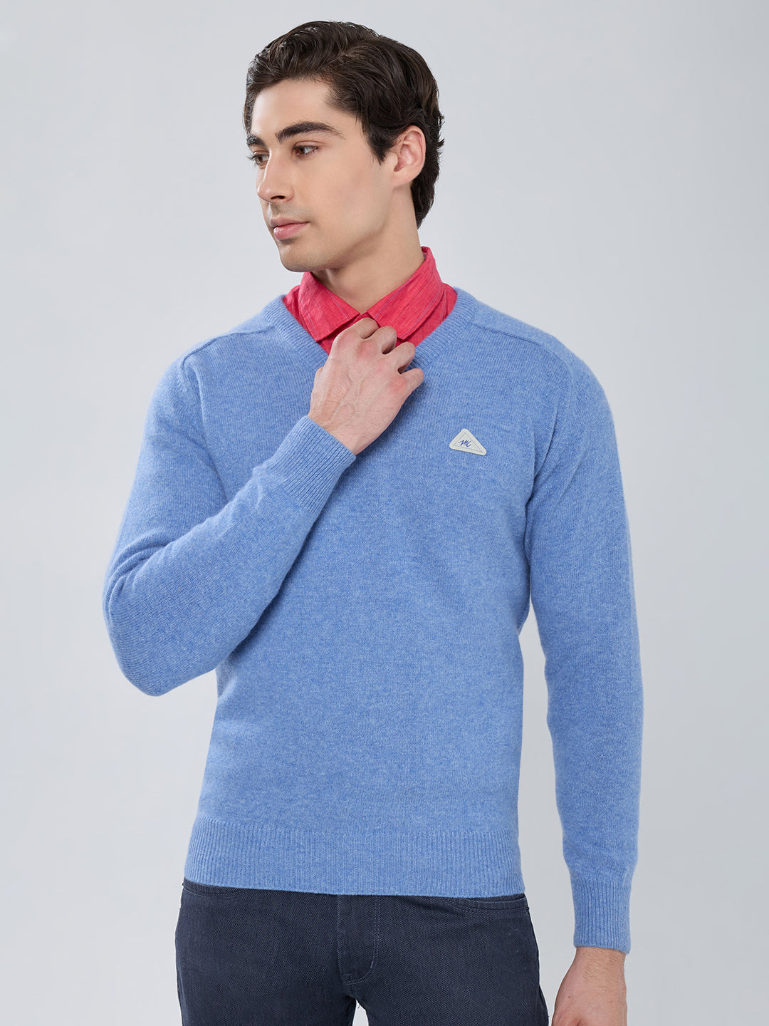 Men Sky Blue Solid V Neck Full Sleeve Pullover