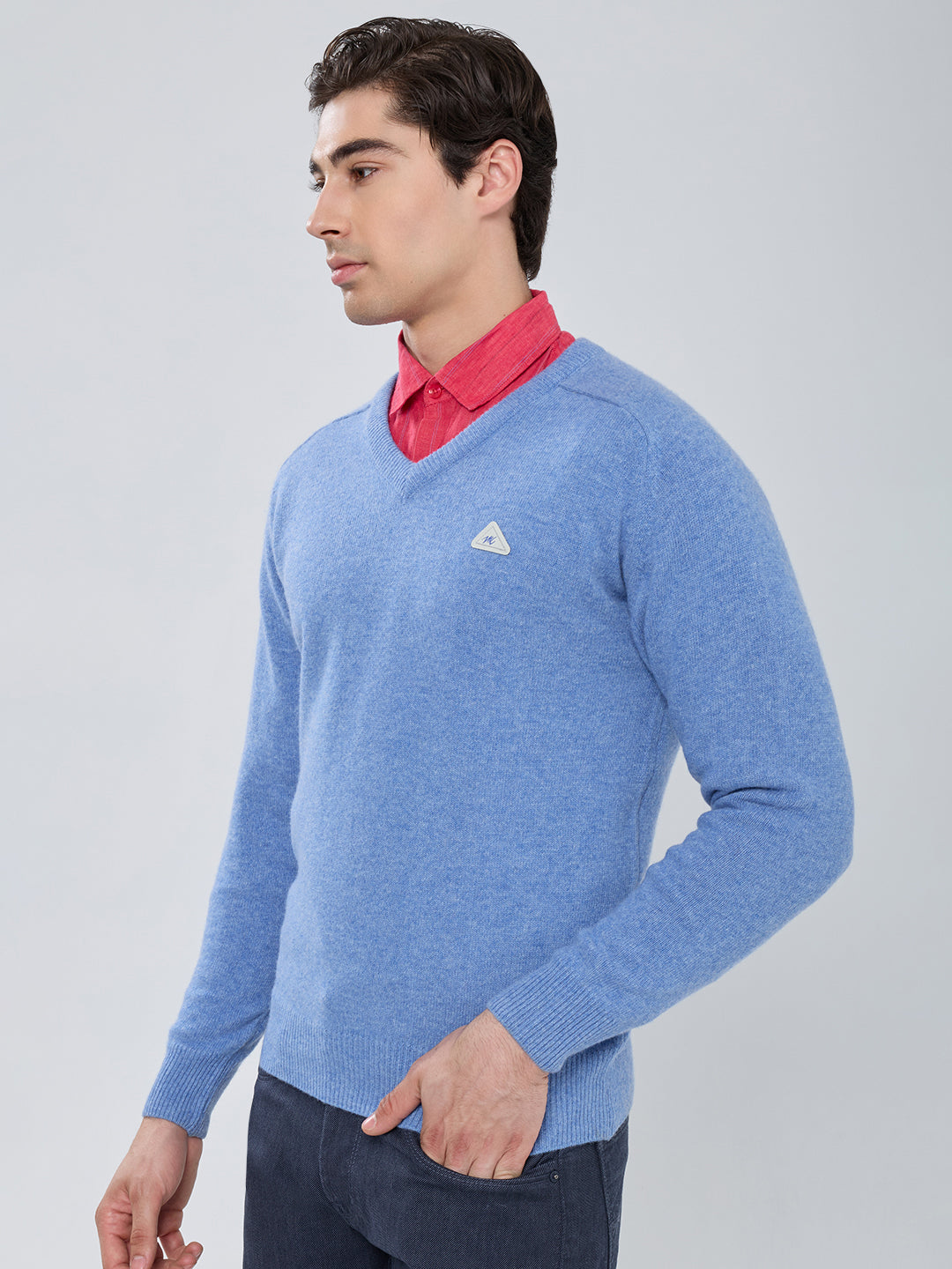 Men Sky Blue Solid V Neck Full Sleeve Pullover