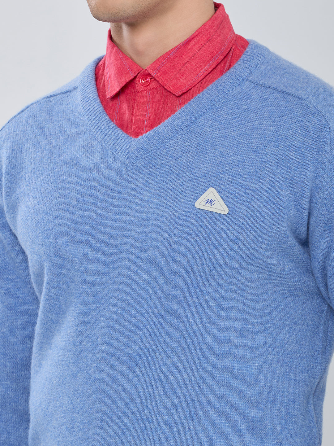 Men Sky Blue Solid V Neck Full Sleeve Pullover