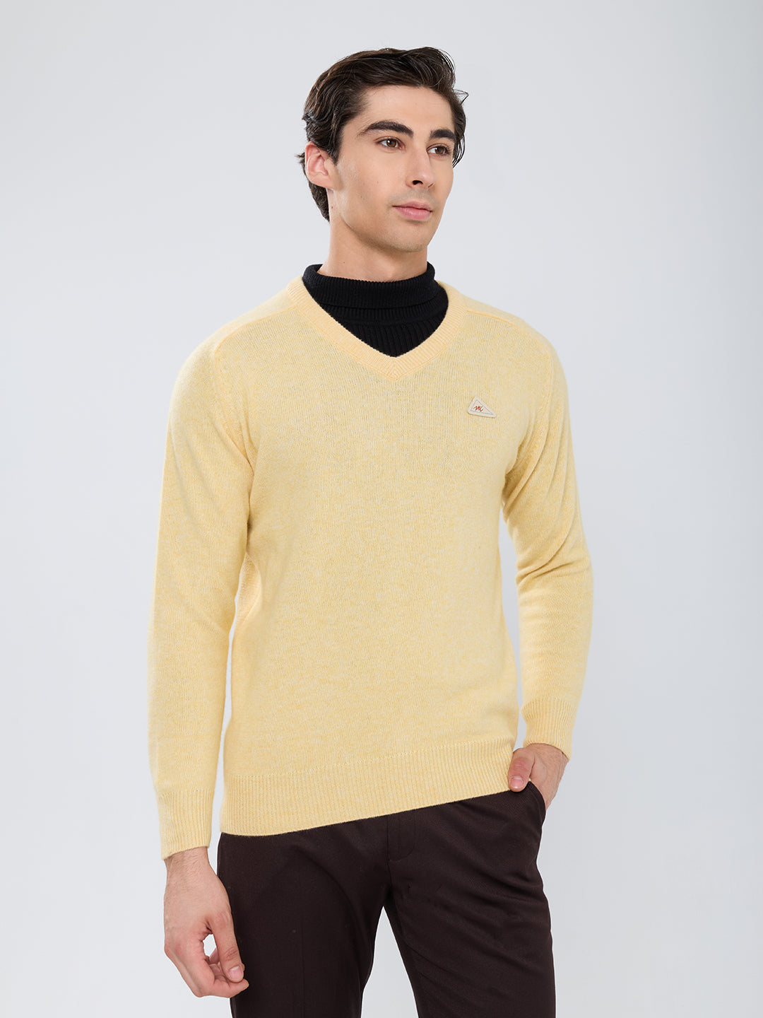 Men Yellow Solid V Neck Full Sleeve Pullover