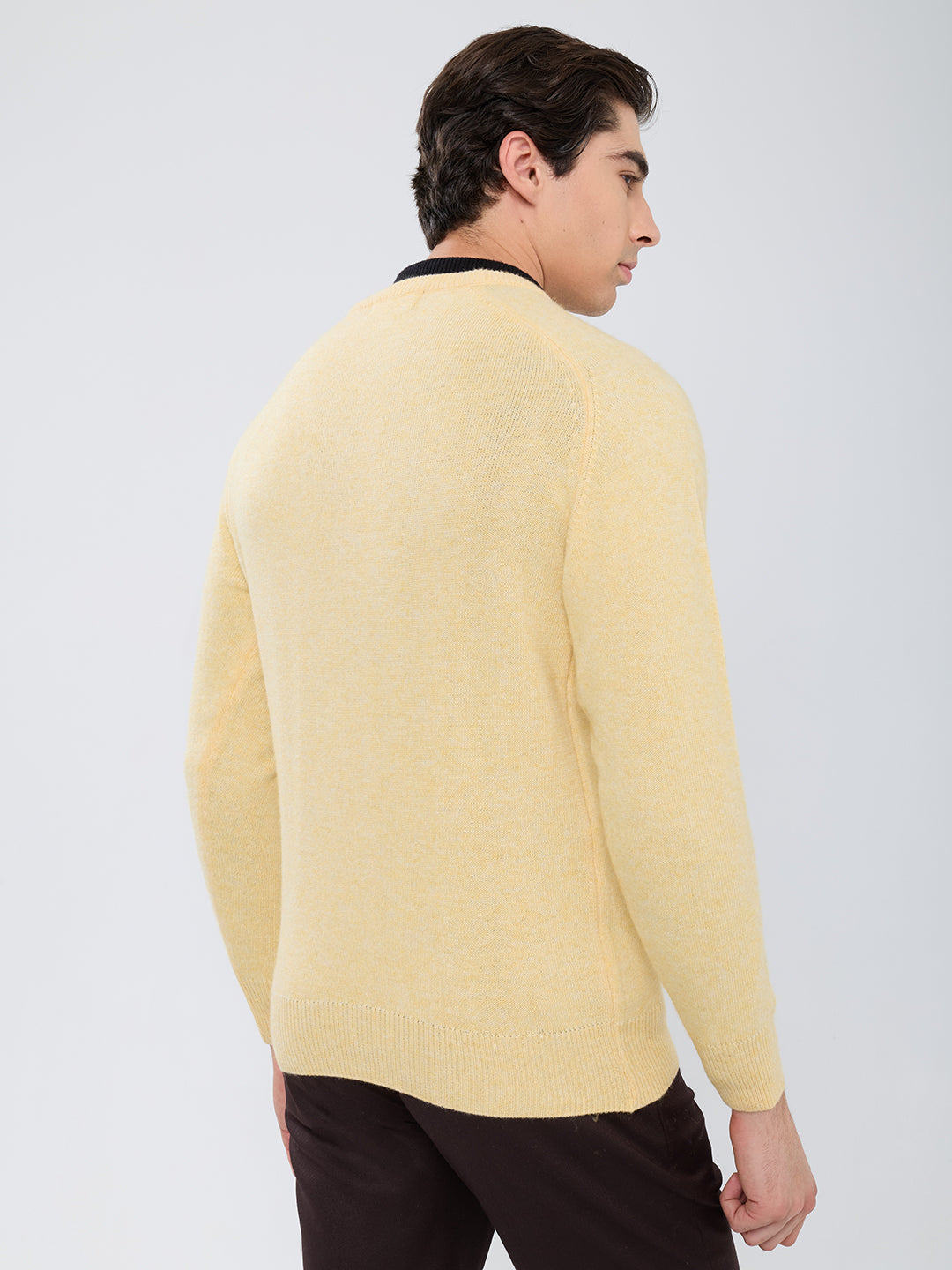 Men Yellow Solid V Neck Full Sleeve Pullover