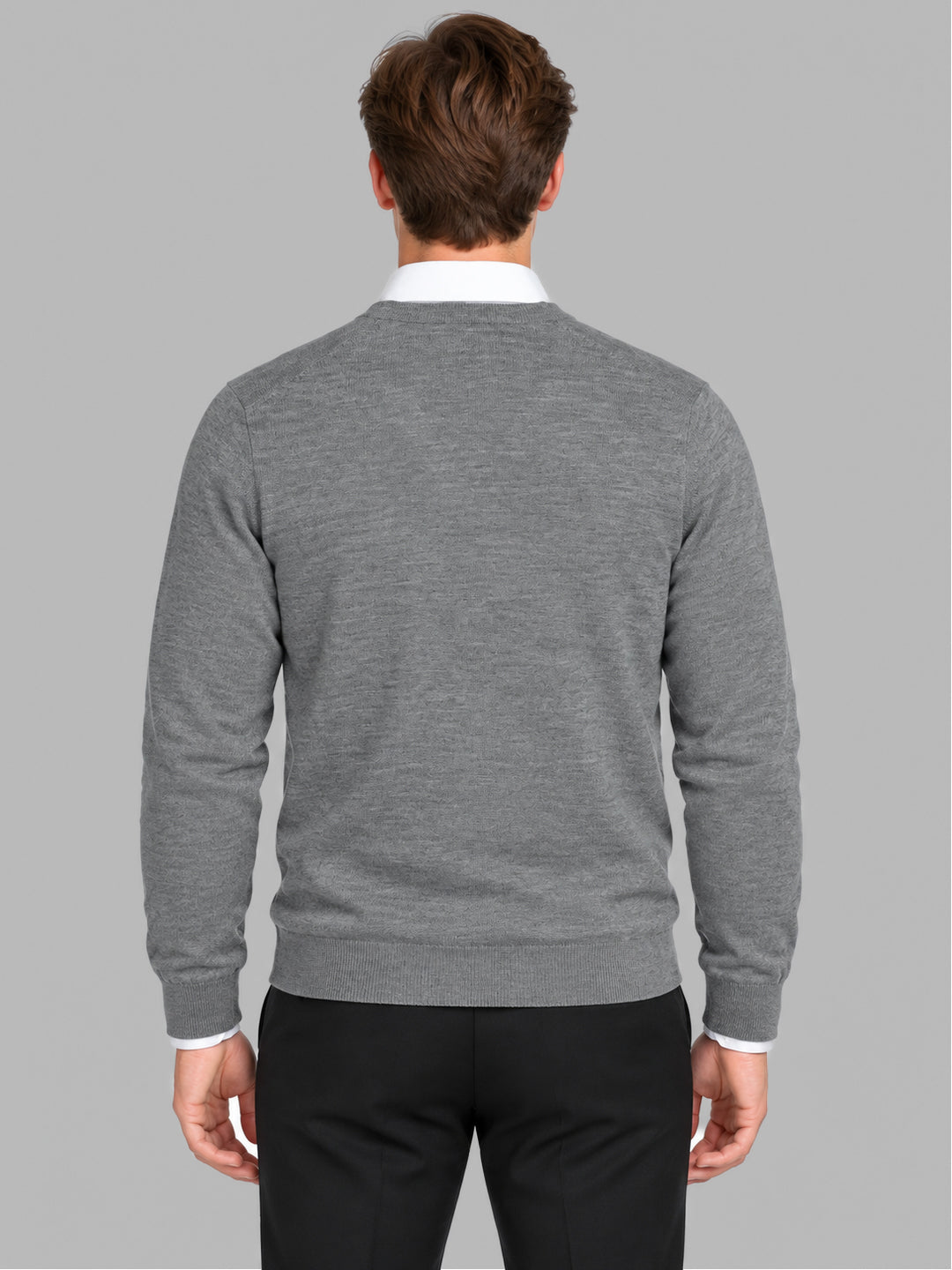 Men Grey Solid V Neck Full Sleeve Pullover