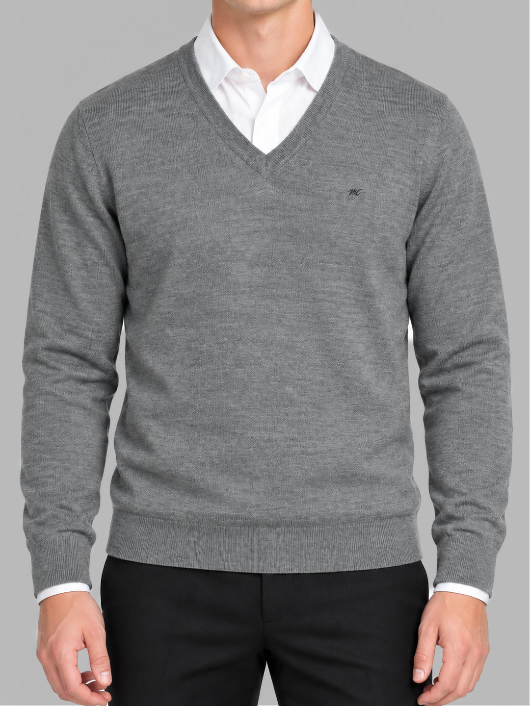 Men Grey Solid V Neck Full Sleeve Pullover