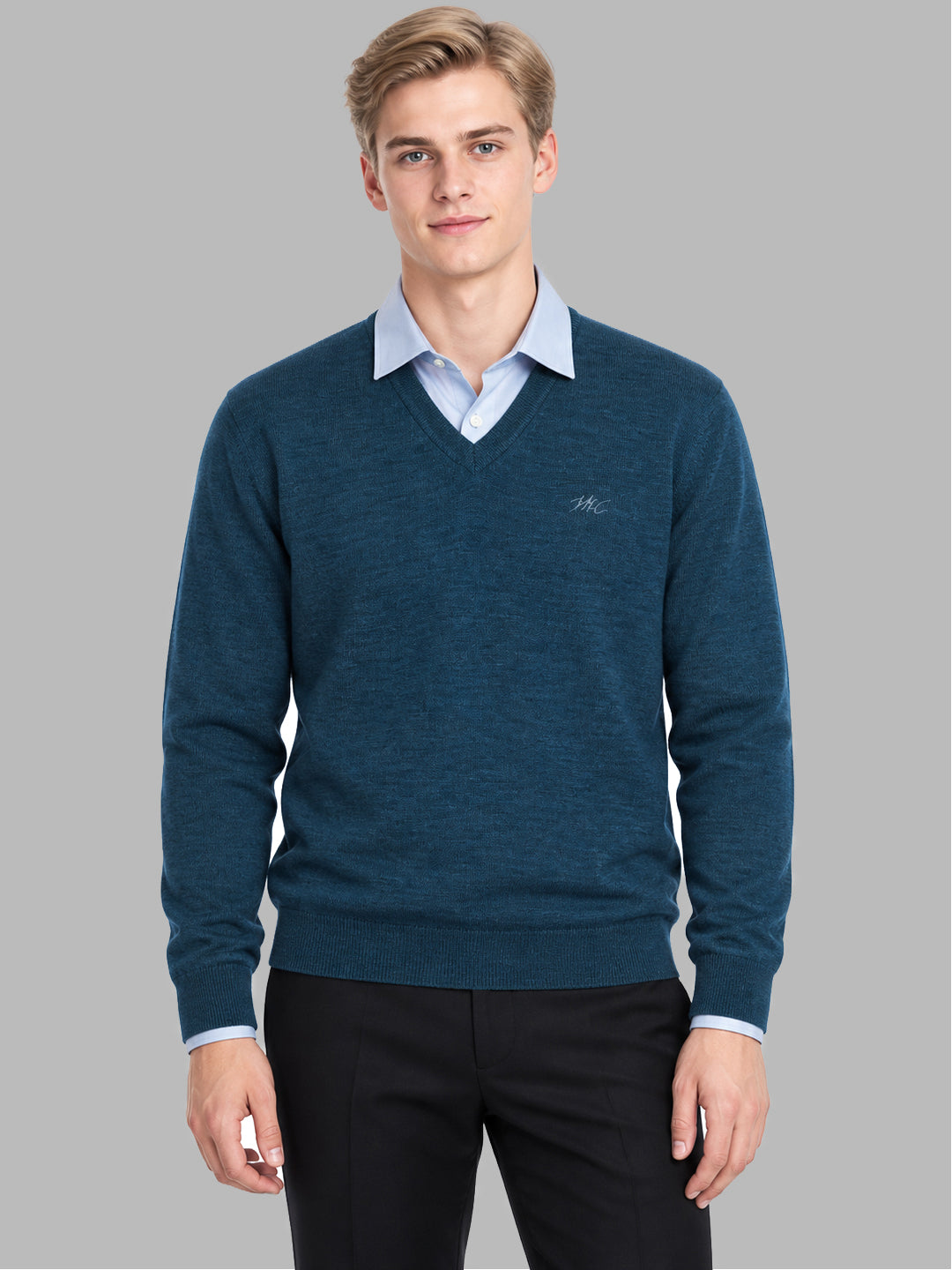 Men Teal Blue Solid V Neck Full Sleeve Pullover