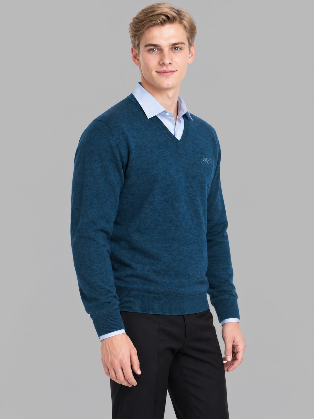 Men Teal Blue Solid V Neck Full Sleeve Pullover