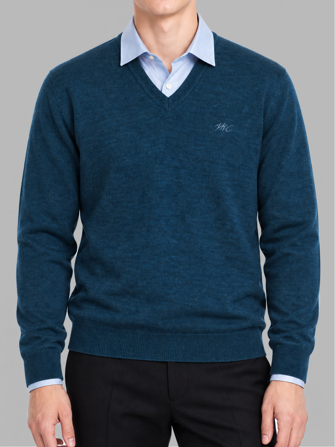 Men Teal Blue Solid V Neck Full Sleeve Pullover