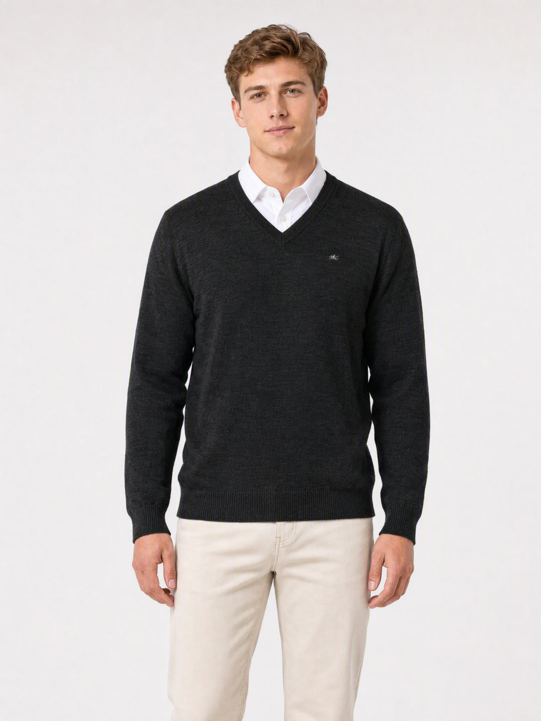 Men Grey Solid V Neck Full Sleeve Pullover