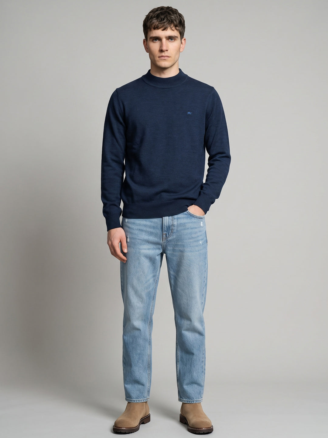 Men Navy Blue Solid Turtle Neck Full Sleeve Pullover