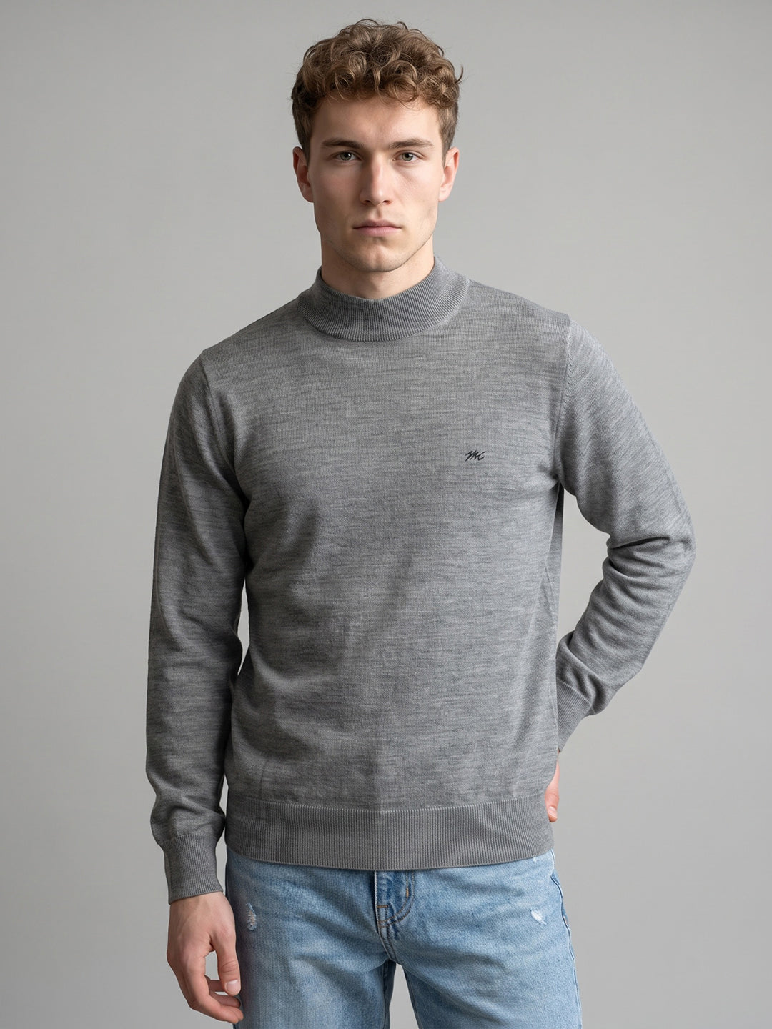 Men Grey Solid Turtle Neck Full Sleeve Pullover