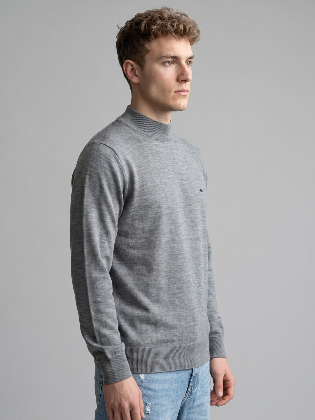 Men Grey Solid Turtle Neck Full Sleeve Pullover