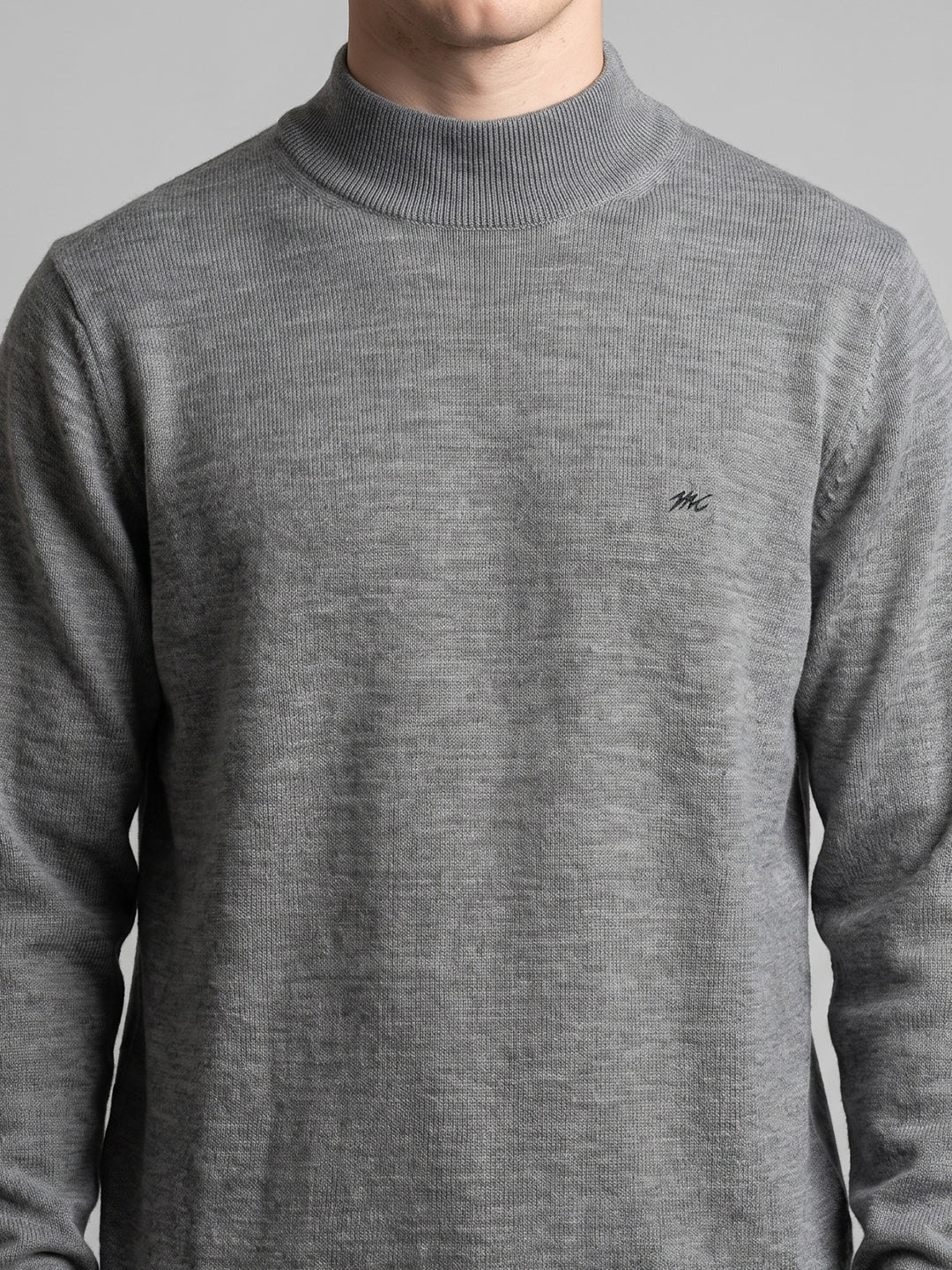 Men Grey Solid Turtle Neck Full Sleeve Pullover