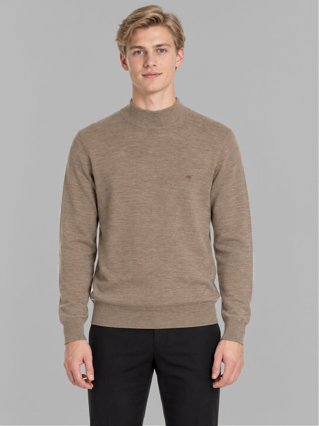 Men Brown Solid Turtle Neck Full Sleeve Pullover