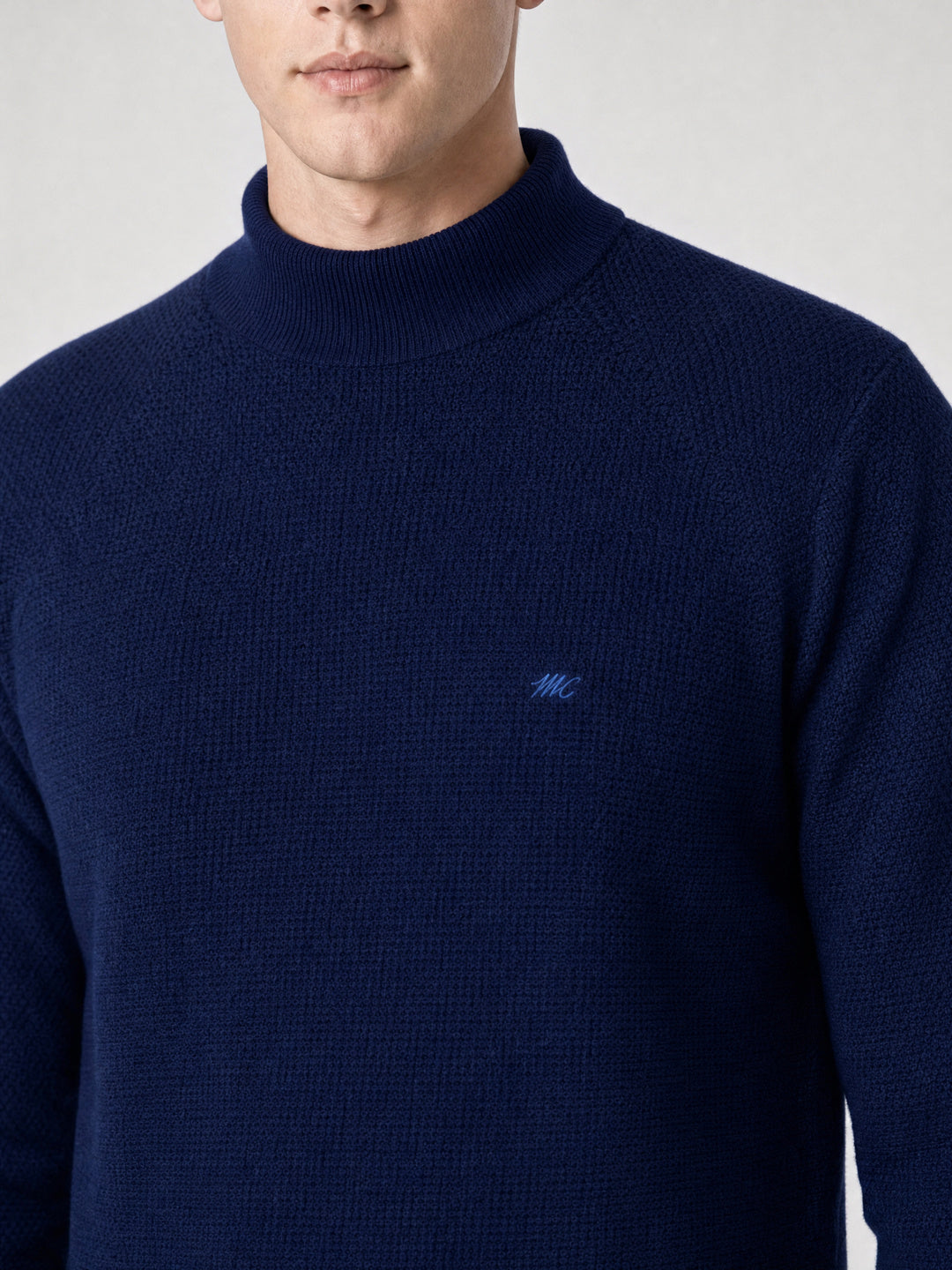 Men Blue Solid Turtle Neck Full Sleeve Pullover
