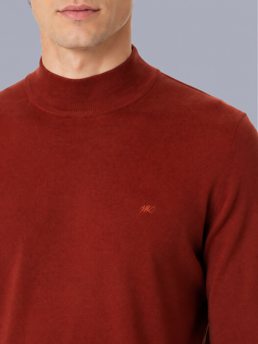 Men Rust Solid Turtle Neck Full Sleeve Pullover