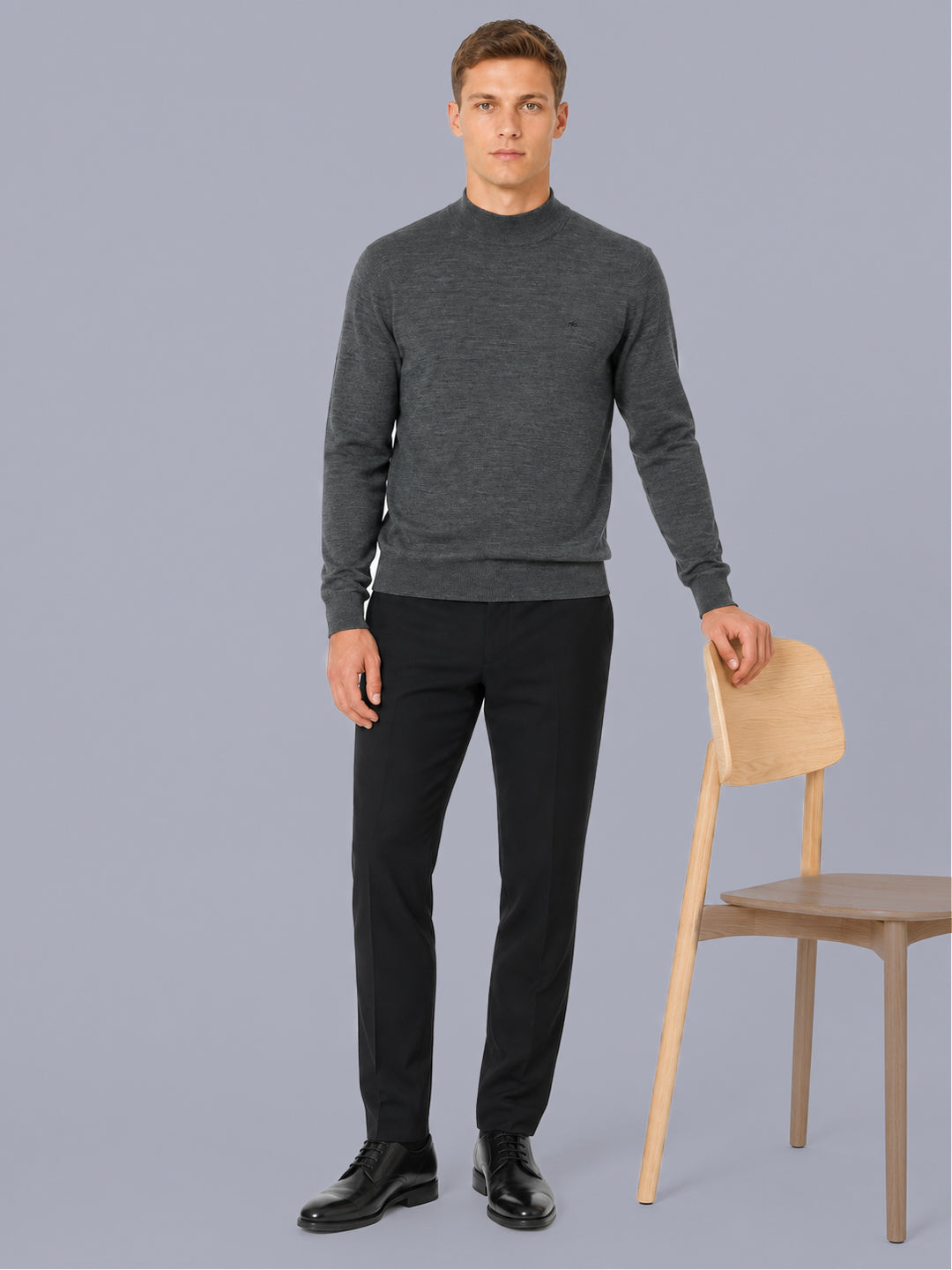 Men Grey Solid Turtle Neck Full Sleeve Pullover