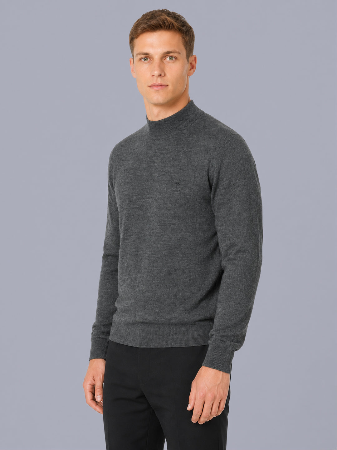 Men Grey Solid Turtle Neck Full Sleeve Pullover