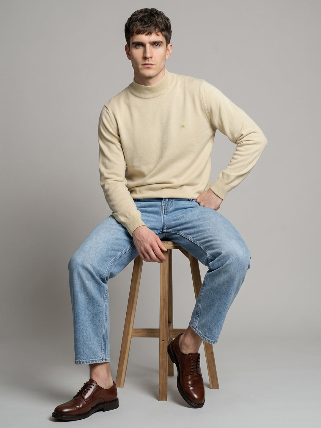 Men Cream Solid Turtle Neck Full Sleeve Pullover