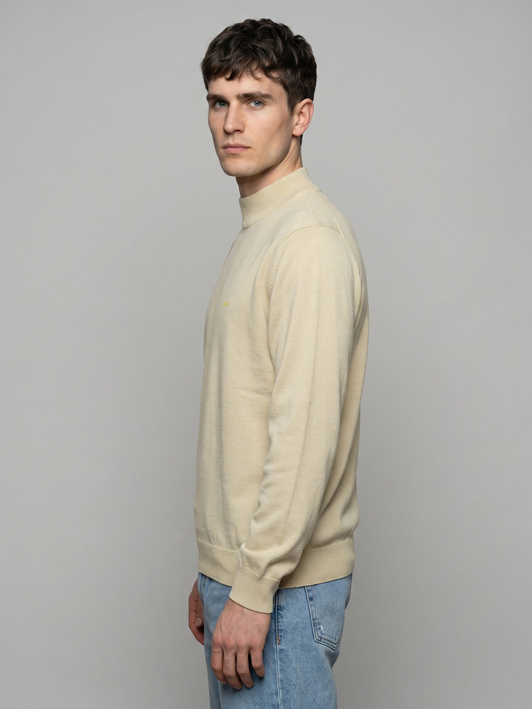 Men Cream Solid Turtle Neck Full Sleeve Pullover