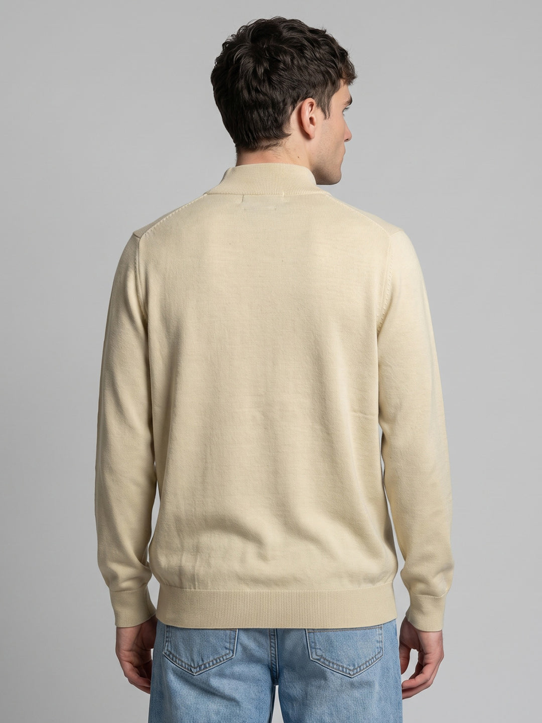 Men Cream Solid Turtle Neck Full Sleeve Pullover