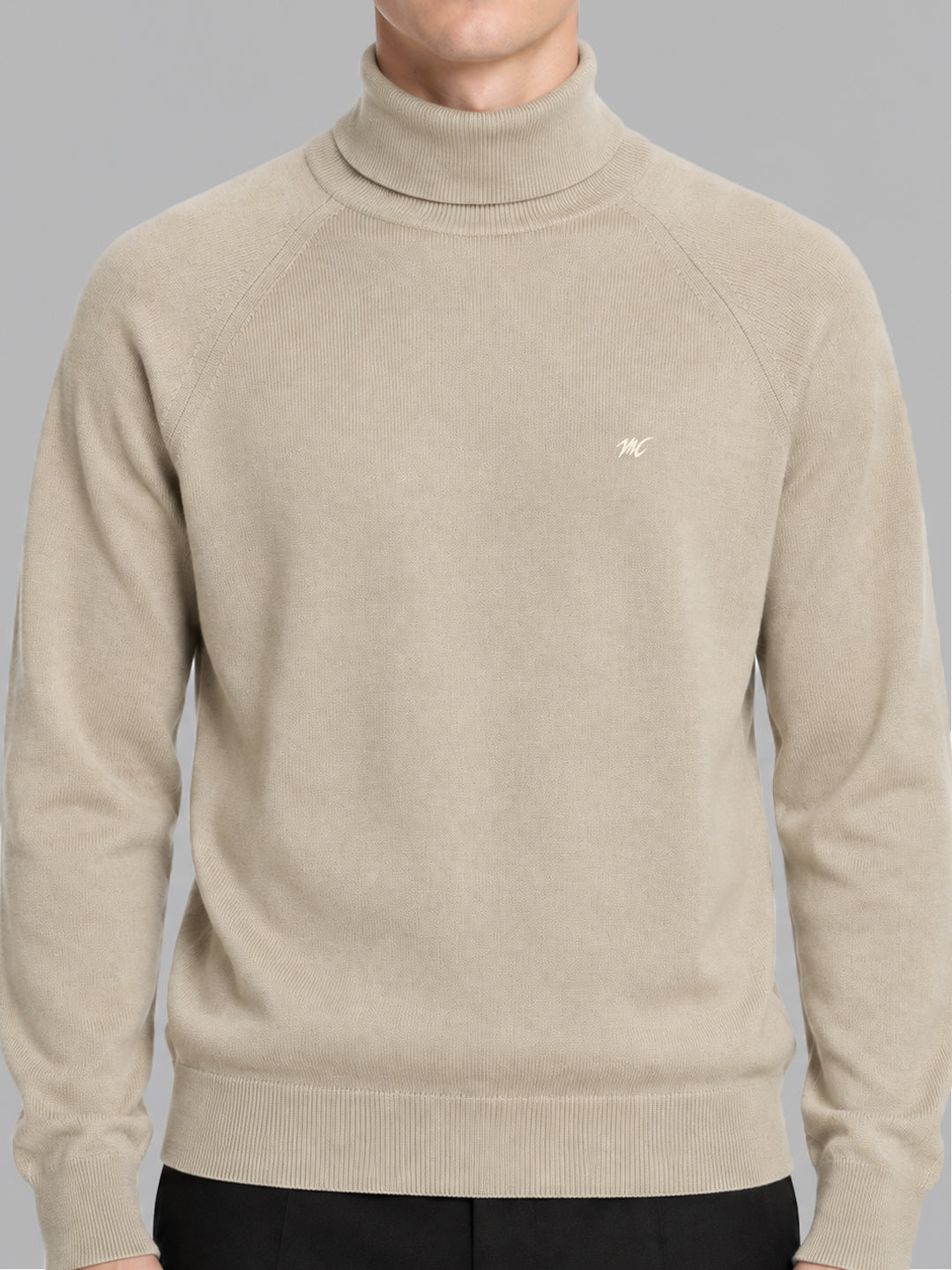 Men Beige Solid Turtle Neck Full Sleeve Pullover