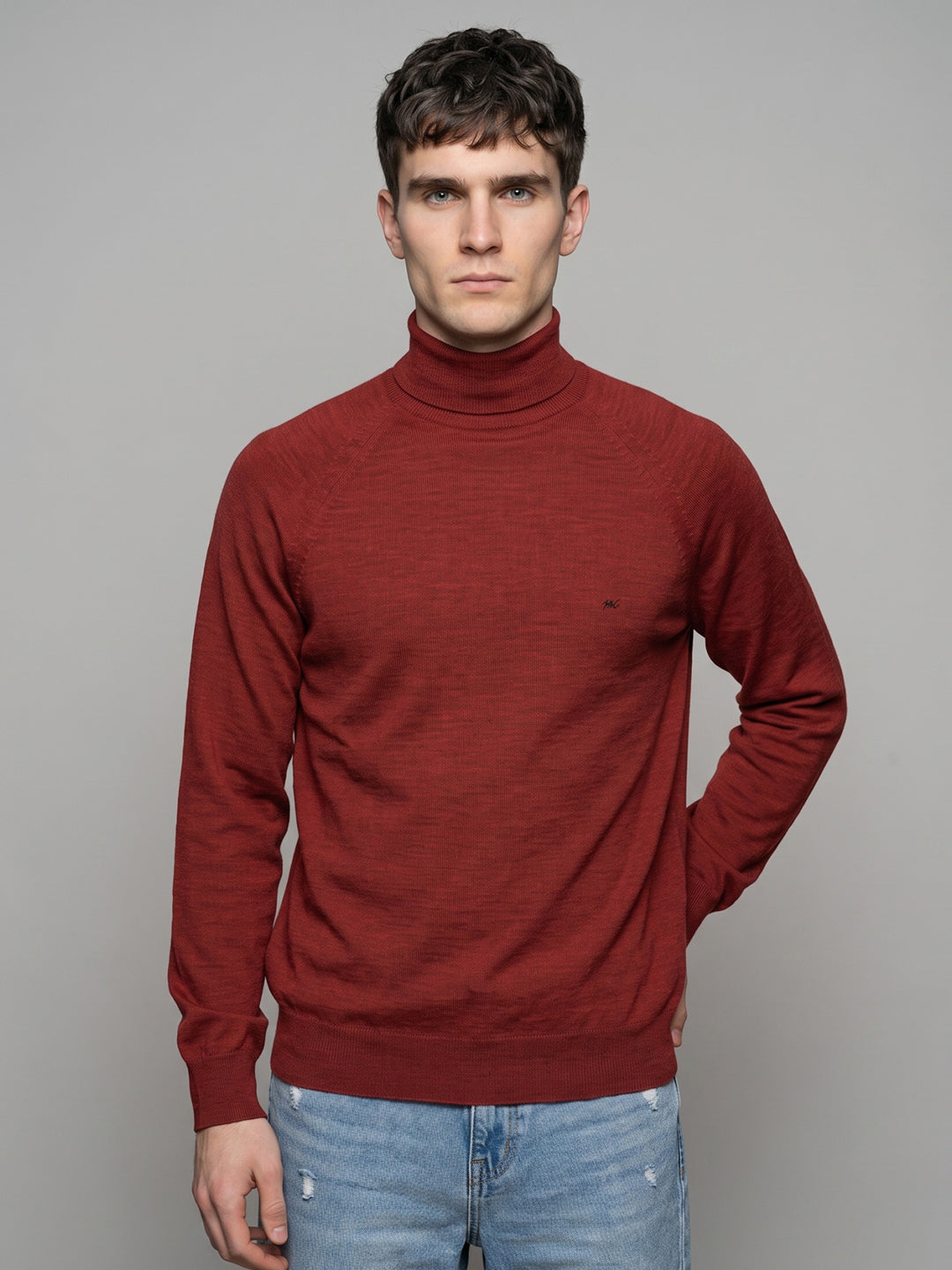 Men Maroon Solid Turtle Neck Full Sleeve Pullover